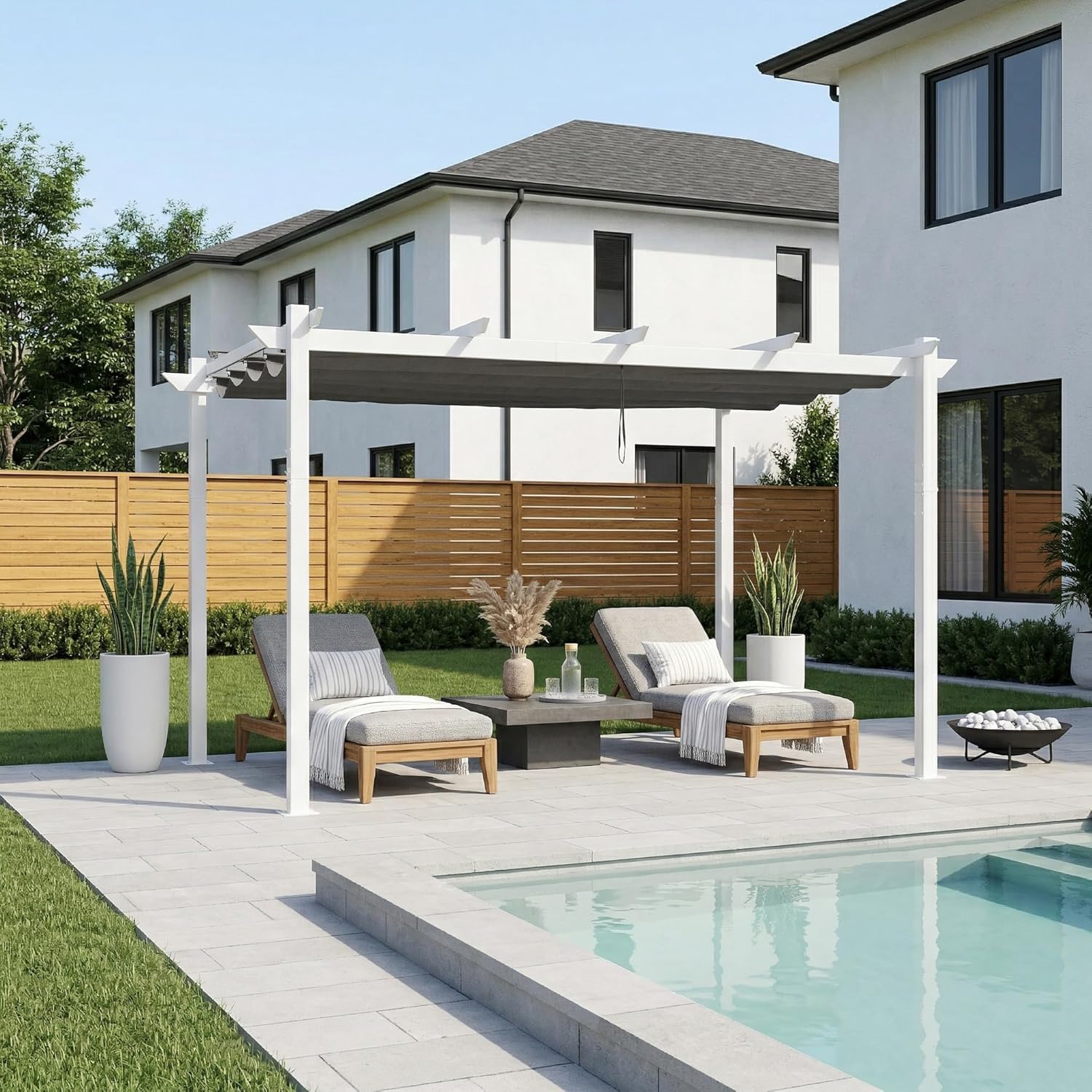 etevert - pergola aluminium - 4x3m - éclairage intégré, toit protégé, blanc/gris