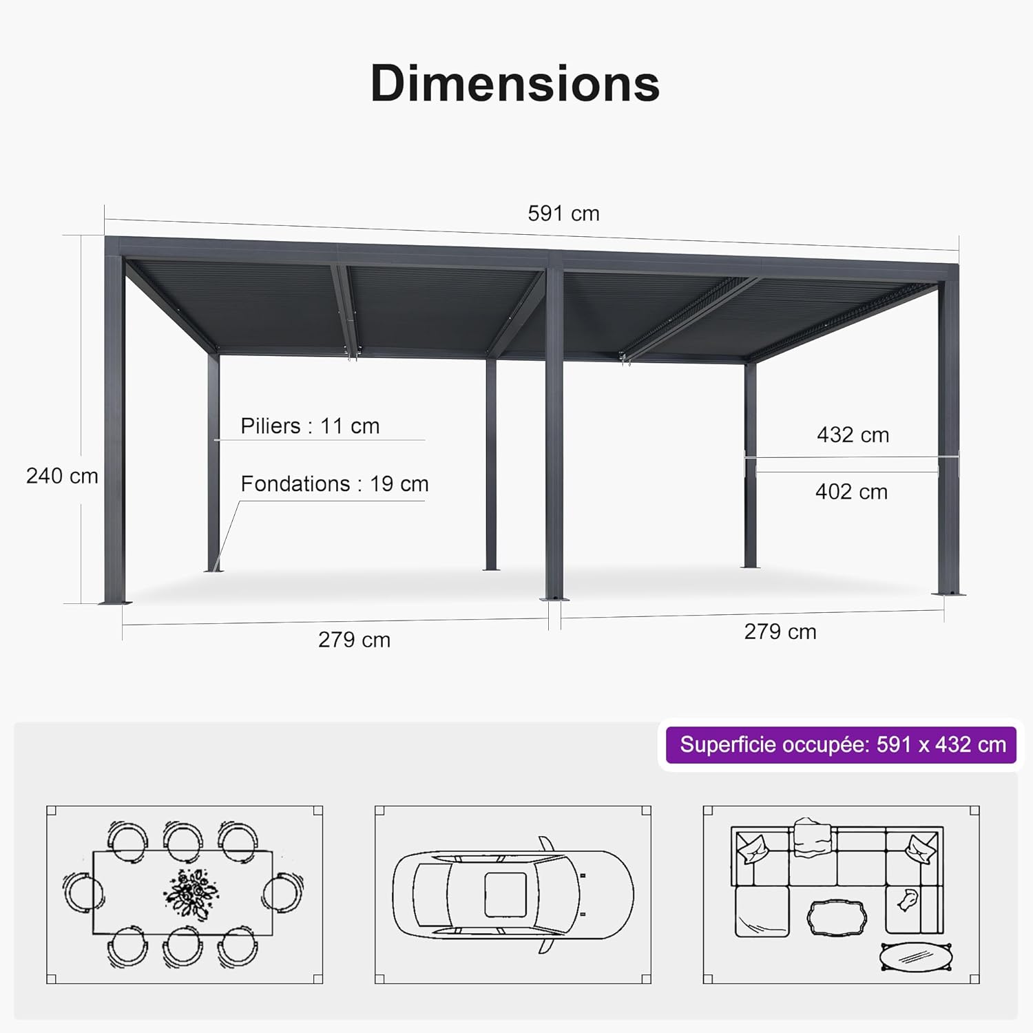 etevert - pergola bioclimatique - 6x4,24m aluminium, lames indépendantes