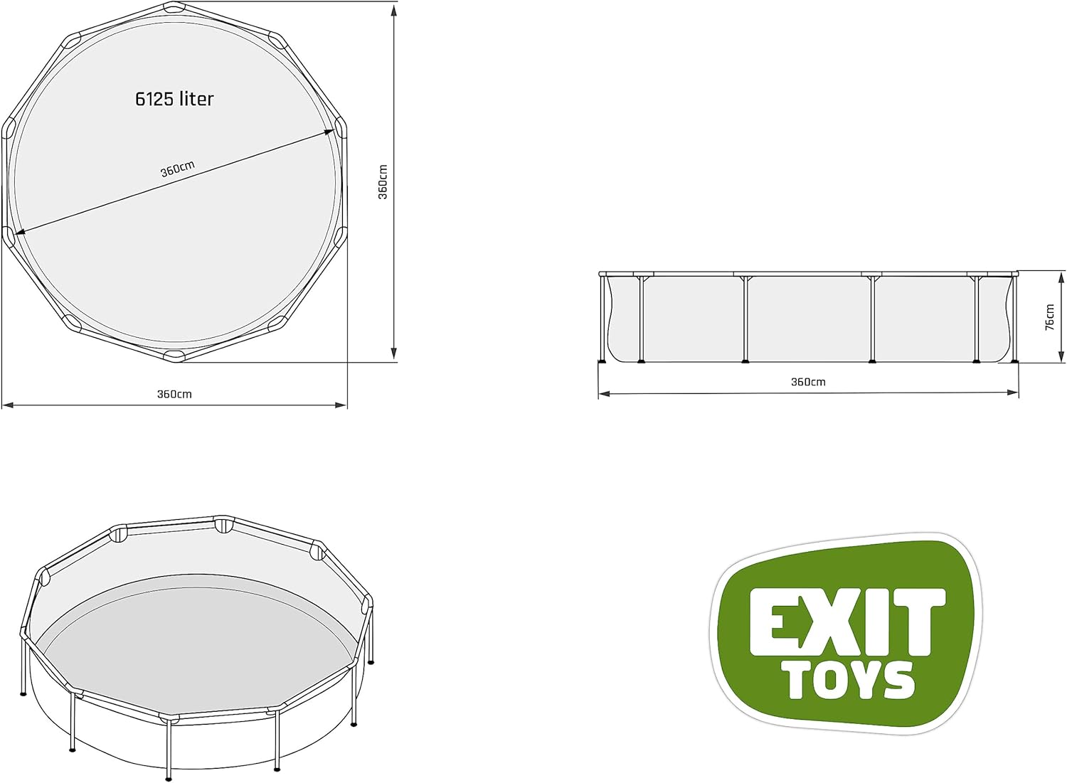 etevert Piscine Tubulaire Stone - ø360x76cm - Piscine Hors Sol Ronde Grande avec Pompe Filtrante à Cartouche - Entrée Basse - Idéal pour Les Jeunes Enfants - Cadre Stable - Design Unique - Gris
