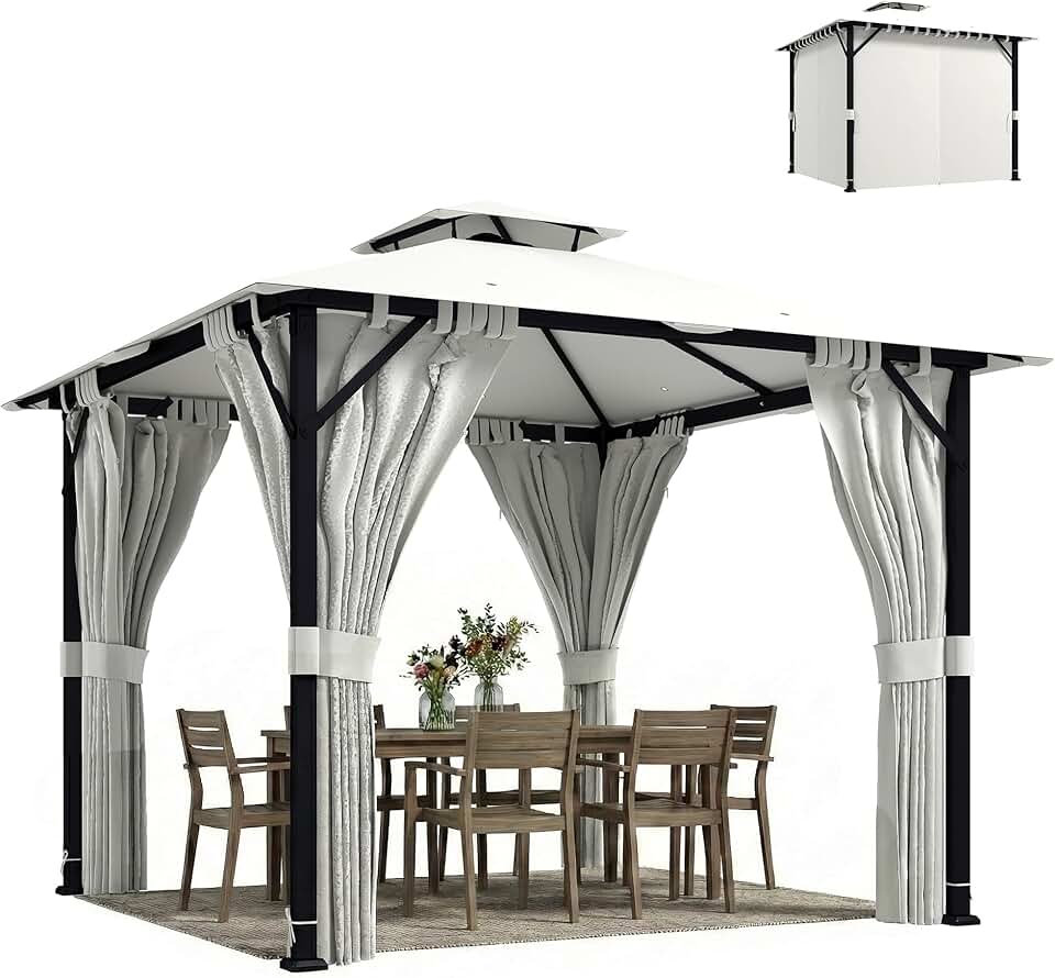 Abri de jardin - etevert - tonnelle pavillon 3x3m - métal robuste, toit double, rideaux, UPF50+