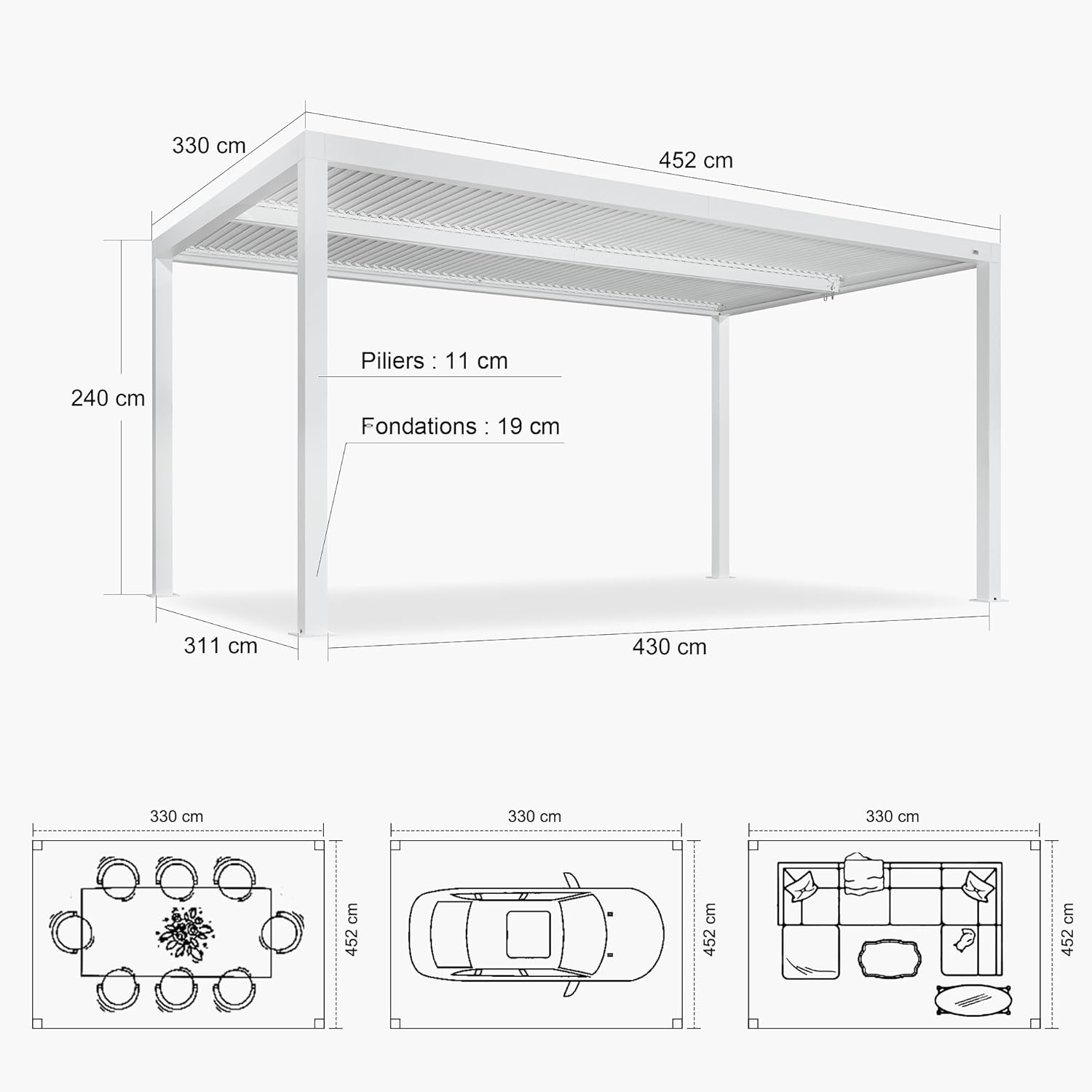 etevert - pergola bioclimatique - 4,6x3,3 m - alu, lames orientables, éclairage intégré