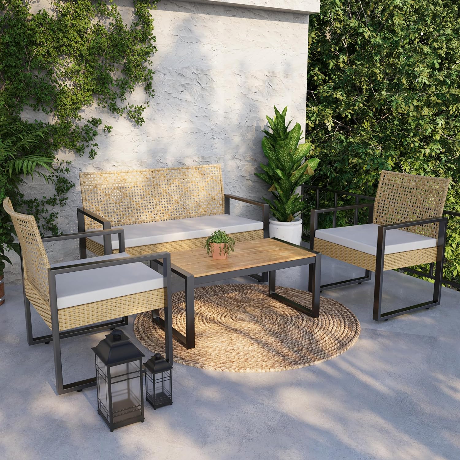 etevert - Salon de jardin 4 pièces, acier/acacia, 2 chaises + banc, beige/naturel