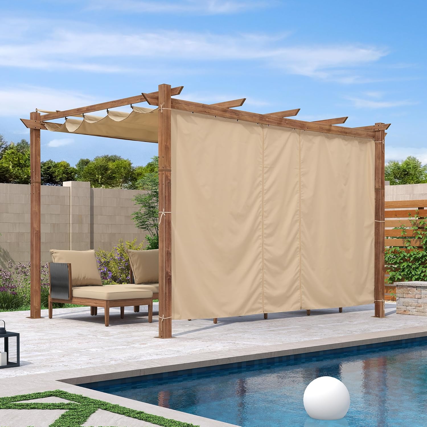 etevert - Pergola alu finition teck 4x3m - toile rétractable, rideau, kaki