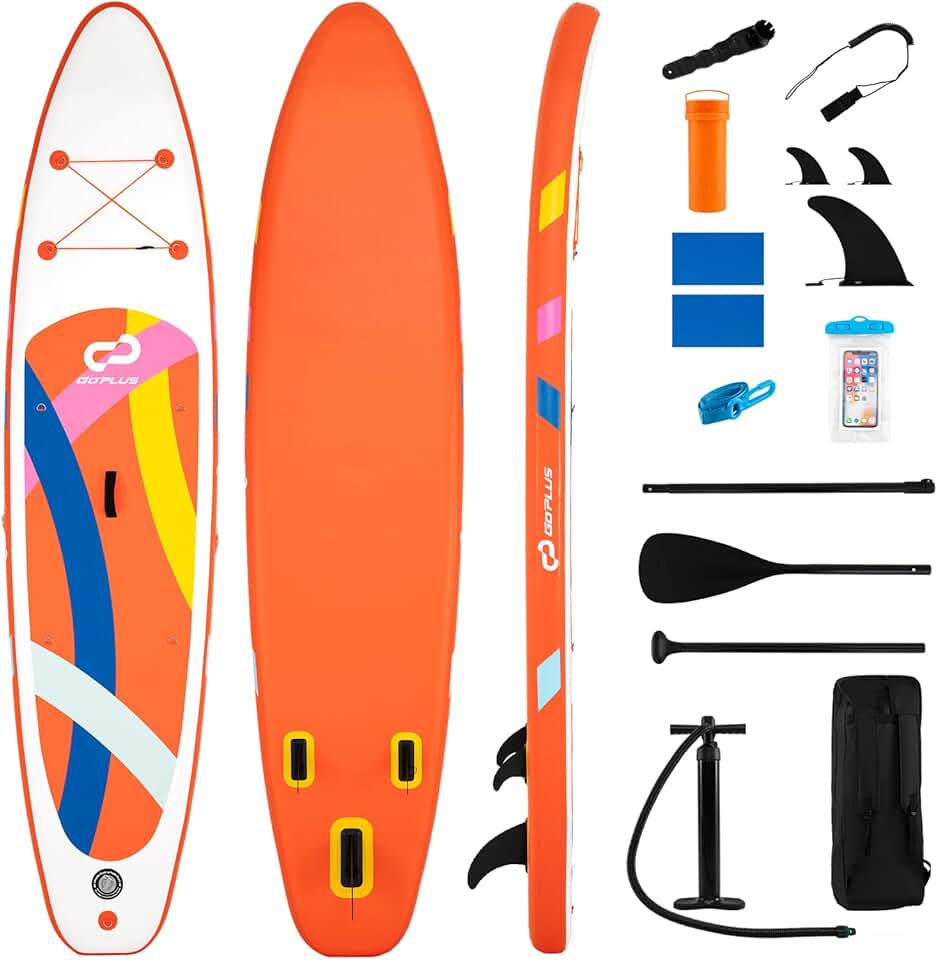 etevert 336 x 77 x 16 cm Planche à Pagaie Gonflable, Planche de Surf avec Pagaie Réglable, Pompe à Main, 3 Ailerons, Anneaux en D & Laisse, Paddle Stand Up Léger pour Surf, Lacs, Mers