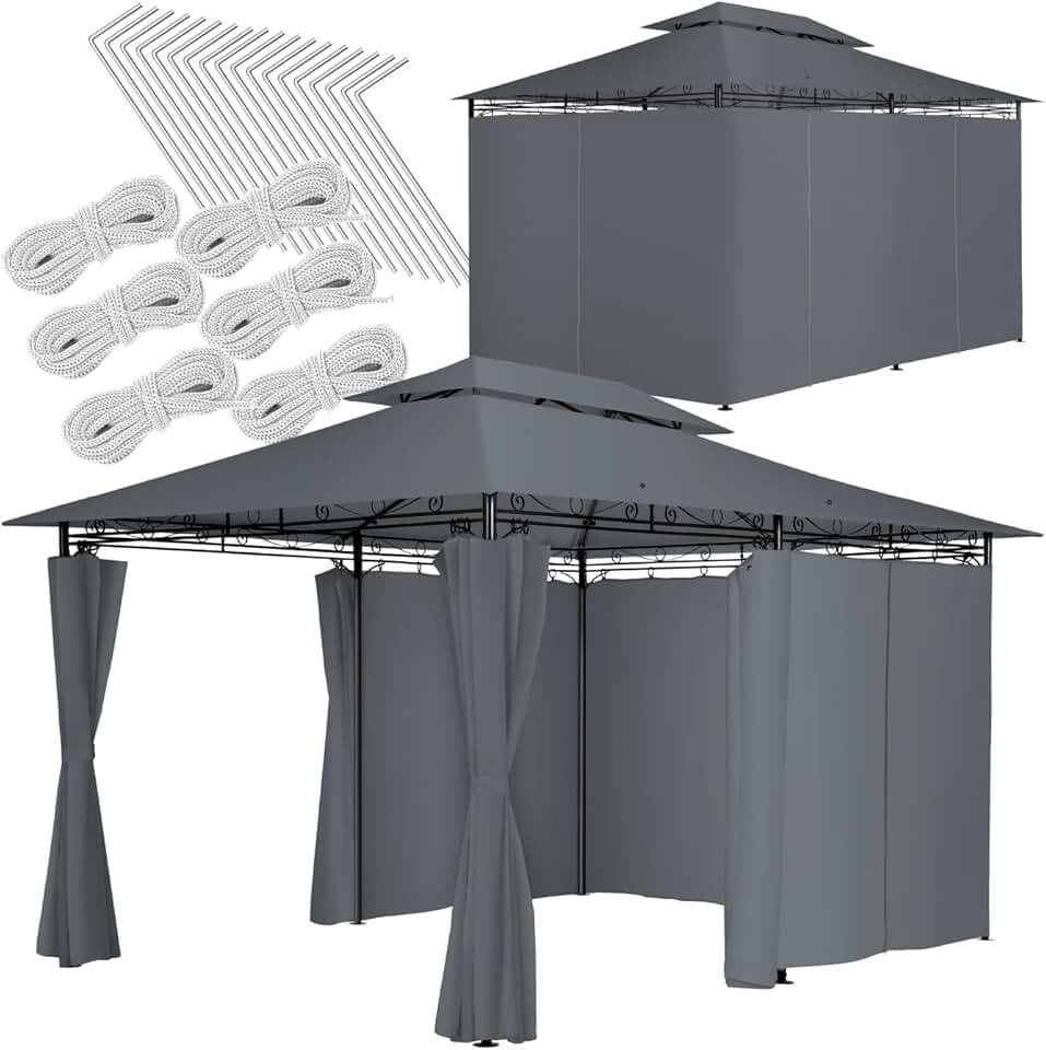 etevert - tonnelle de jardin 4x3m - acier epoxy, imperméable, rideaux, UV50+