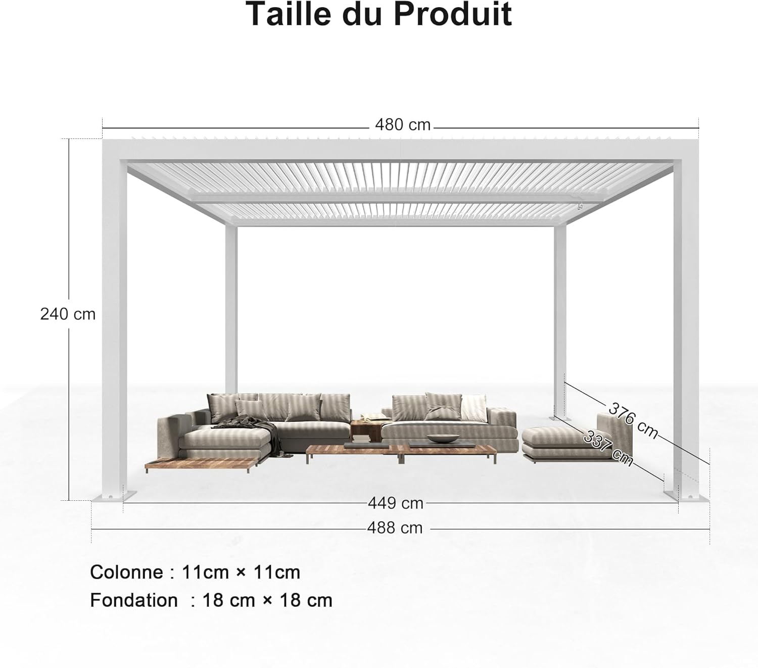 etevert - Pergola bioclimatique - 4,8x3,68m - lames orientables, éclairage intégré, aluminium, blanc
