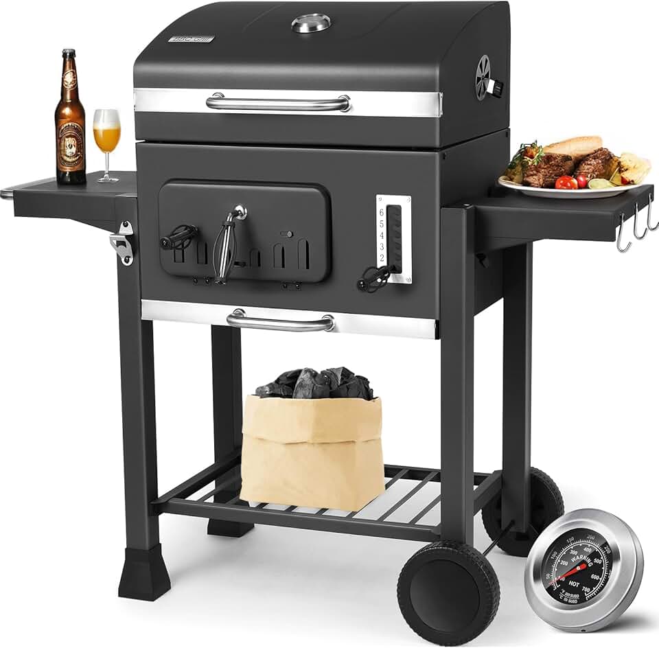 etevert - Barbecue XXL, charbon, couvercle, roues, thermomètre - etevert