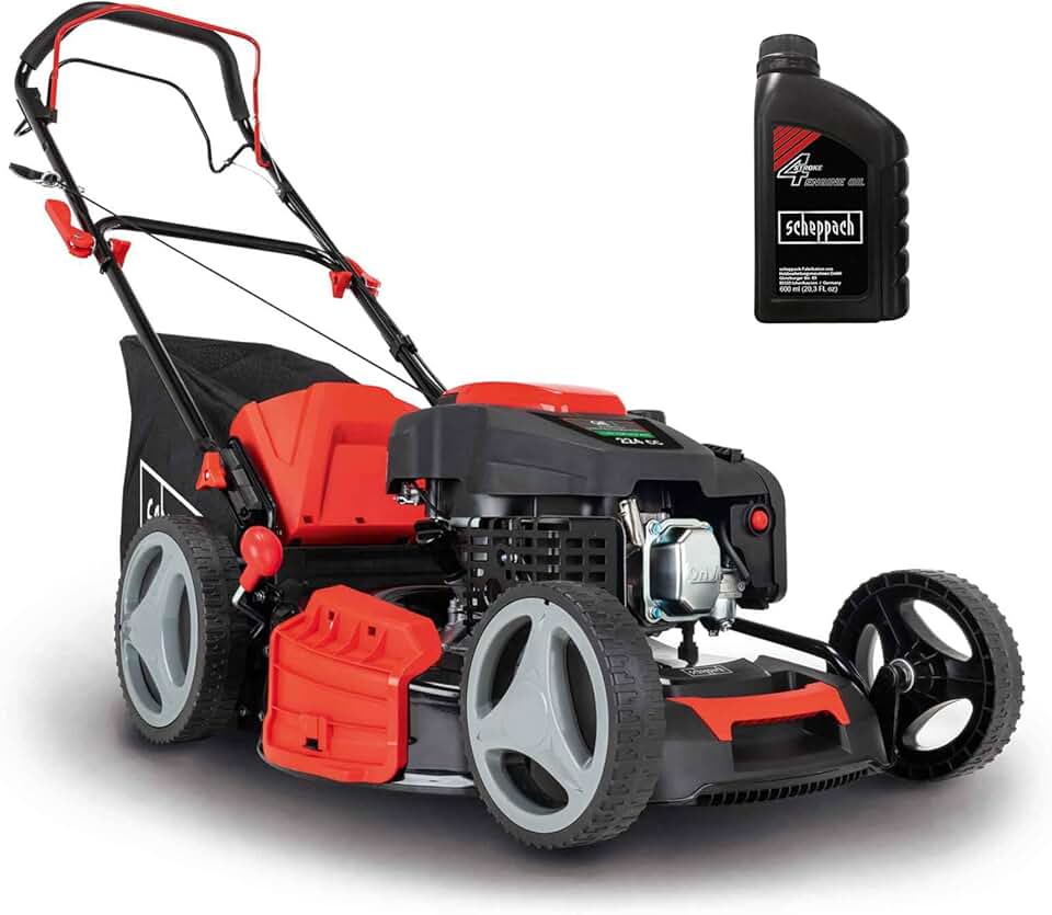 etevert Tondeuse à Gazon à Essence MS230-53 – Moteur 4 Temps 6 CV 4400 W – Largeur de Coupe 53 cm – Jardins de 1800 m² – Hauteur de Coupe réglable – Bac de 65 l – Fonction Mulching – Huile Incluse