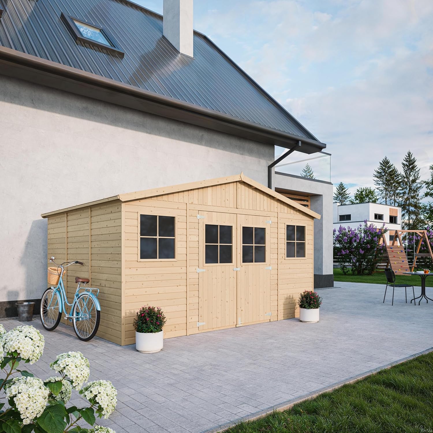 Abri de Jardin en Bois Exterieur avec Plancher IMPRÉGNÉ- Chalet en Pin/épicéa-H246x418x320 cm/12 m²- Construction de Panneaux - Rangement pour vélos, Remise à Outils- etevert M331+M331G
