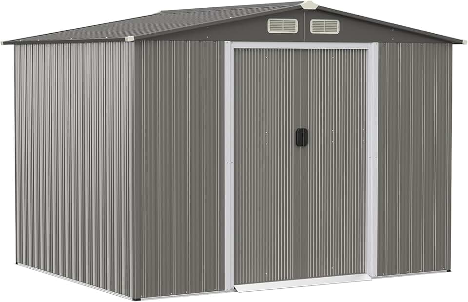 etevert 4,74㎡ Abri de Jardin en Métal Galvanisé avec Base, Cabine de Jardin Extérieur Porte Coulissante, Résistant aux Intempéries, Cabane de Rangement à Outils 8,59m³, 260 x 207x181cm, Toit Gris Foncé