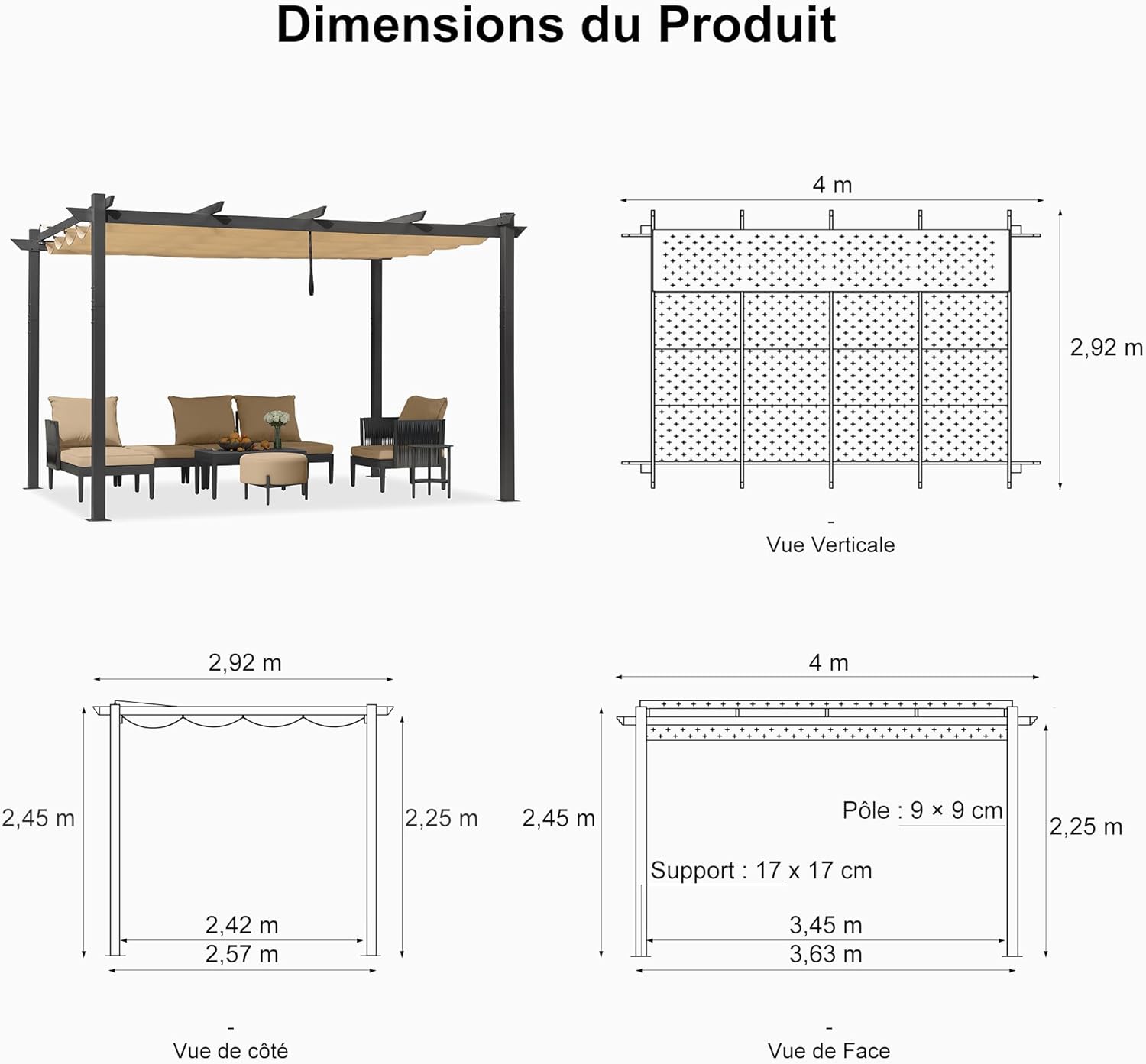 etevert - Pergola Kaki - 4x3m aluminium, toit rétractable, imperméable