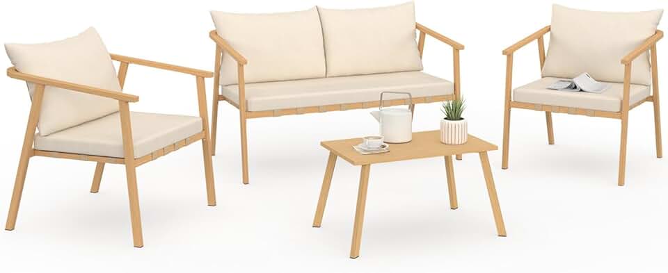 etevert - Malta salon bas 4 places métal bois coussins beiges