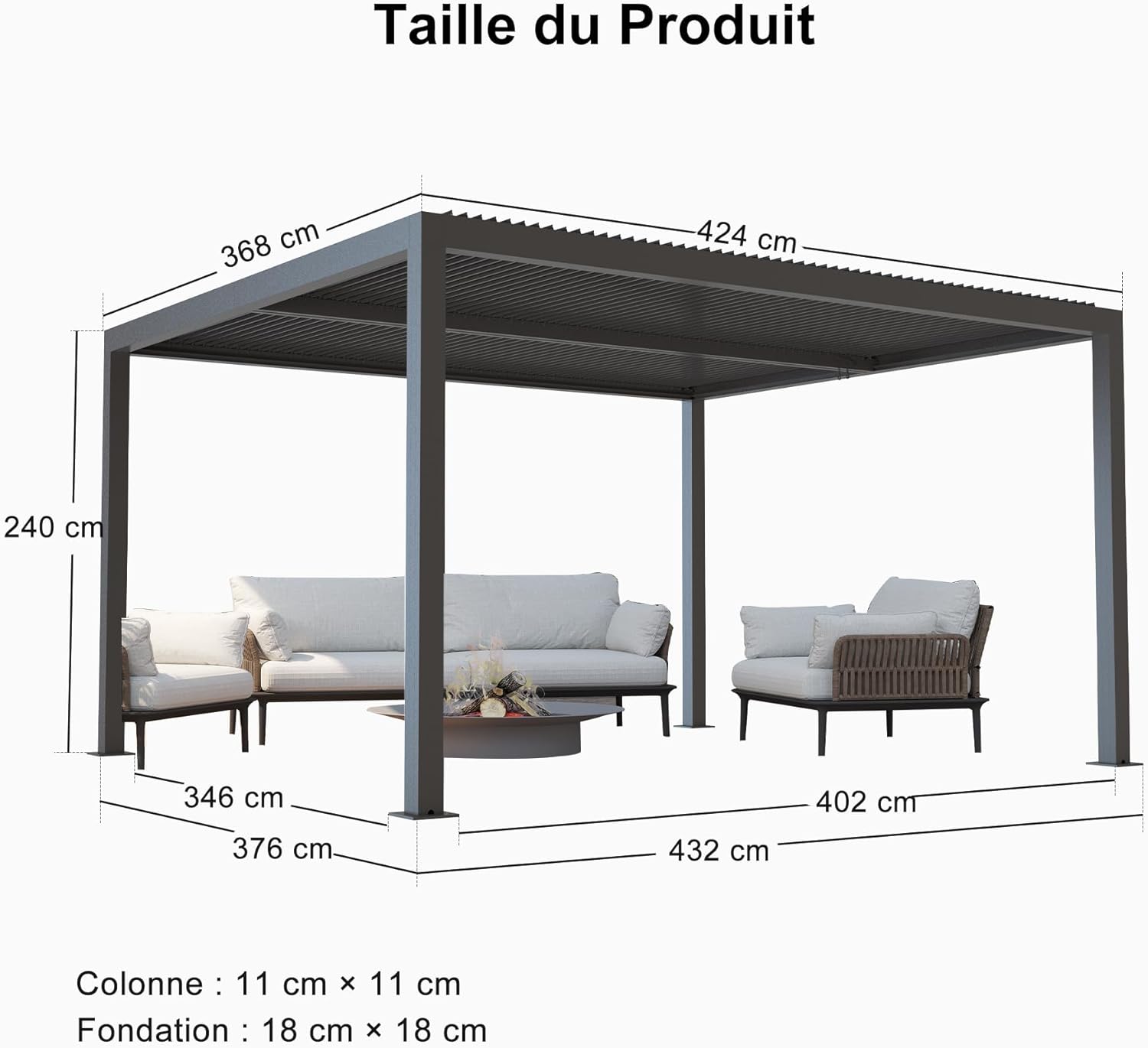 etevert - Pergola bioclimatique aluminium 4,8x3,68m, LED, lames orientables