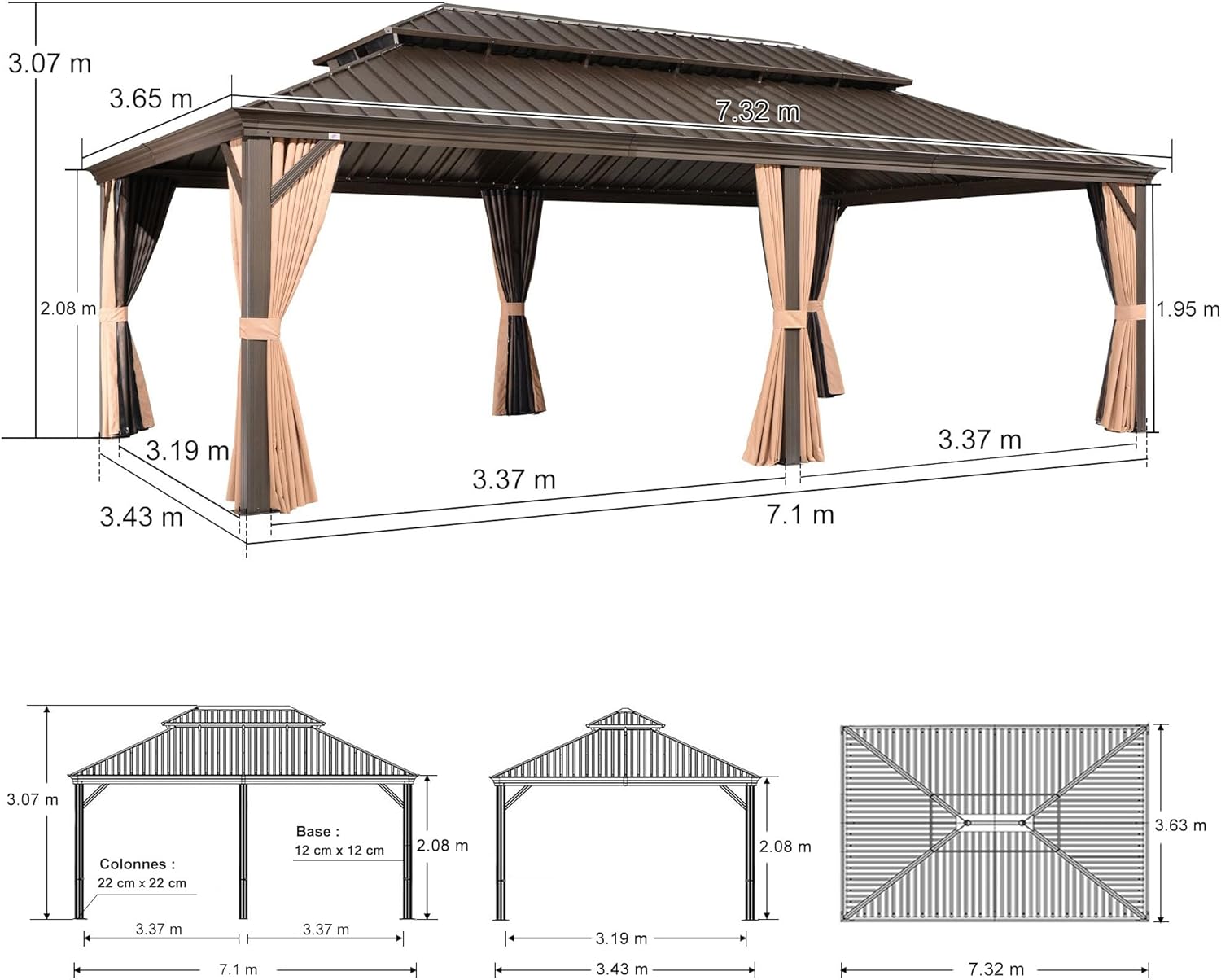 etevert - tonnelle jardin - 7,32x3,65m - acier galvanisé, rideaux épais, gouttière intégrée