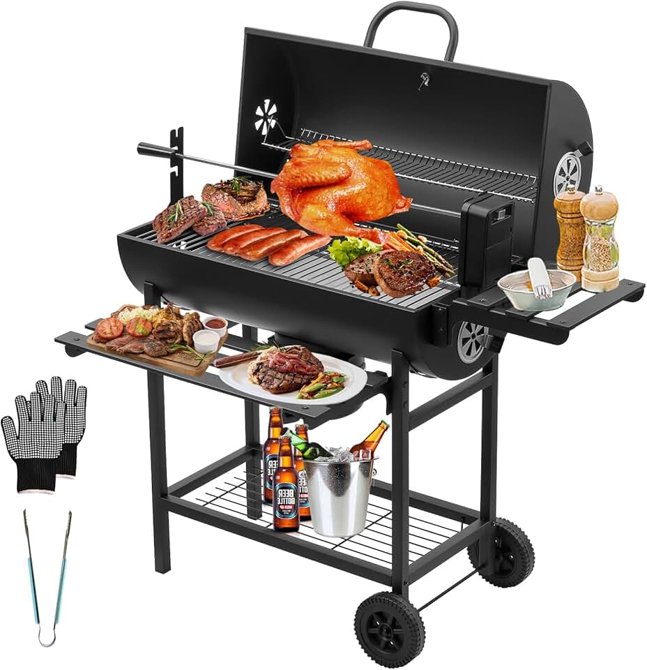 etevert - Grill XXL - dimensions généreuses - couvercle, thermomètre, tiroir à cendres, gants, évent réglable, grill poule