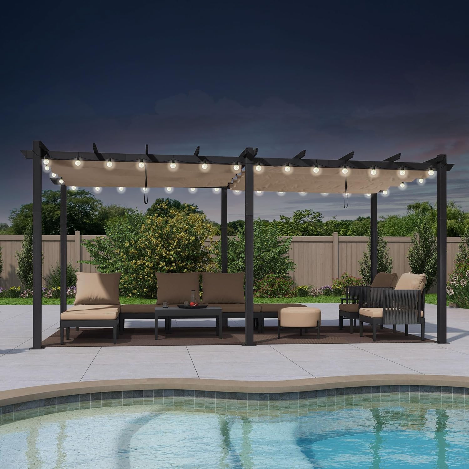 etevert - Pergola alu 5,5x3m, toit rétractable LED, kaki