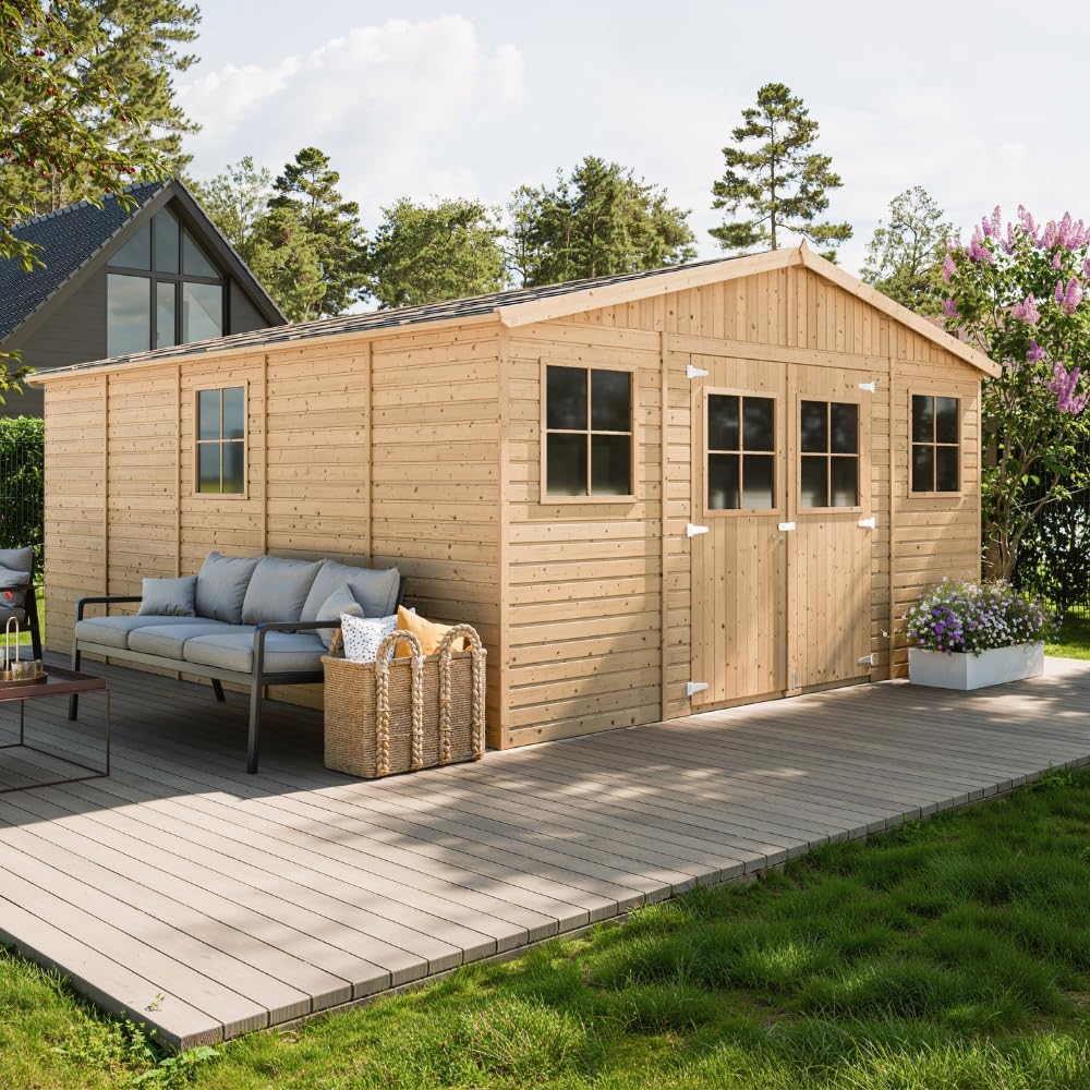 Abri de Jardin en Bois Exterieur avec Les PLANCHERS IMPRÉGNÉ- Maison de Jardin en Pin/épicéa-H246x418x522 cm/20 m²-Construction de Panneaux- Rangement pour vélos, Remise à Outils-etevert M333 +M333G