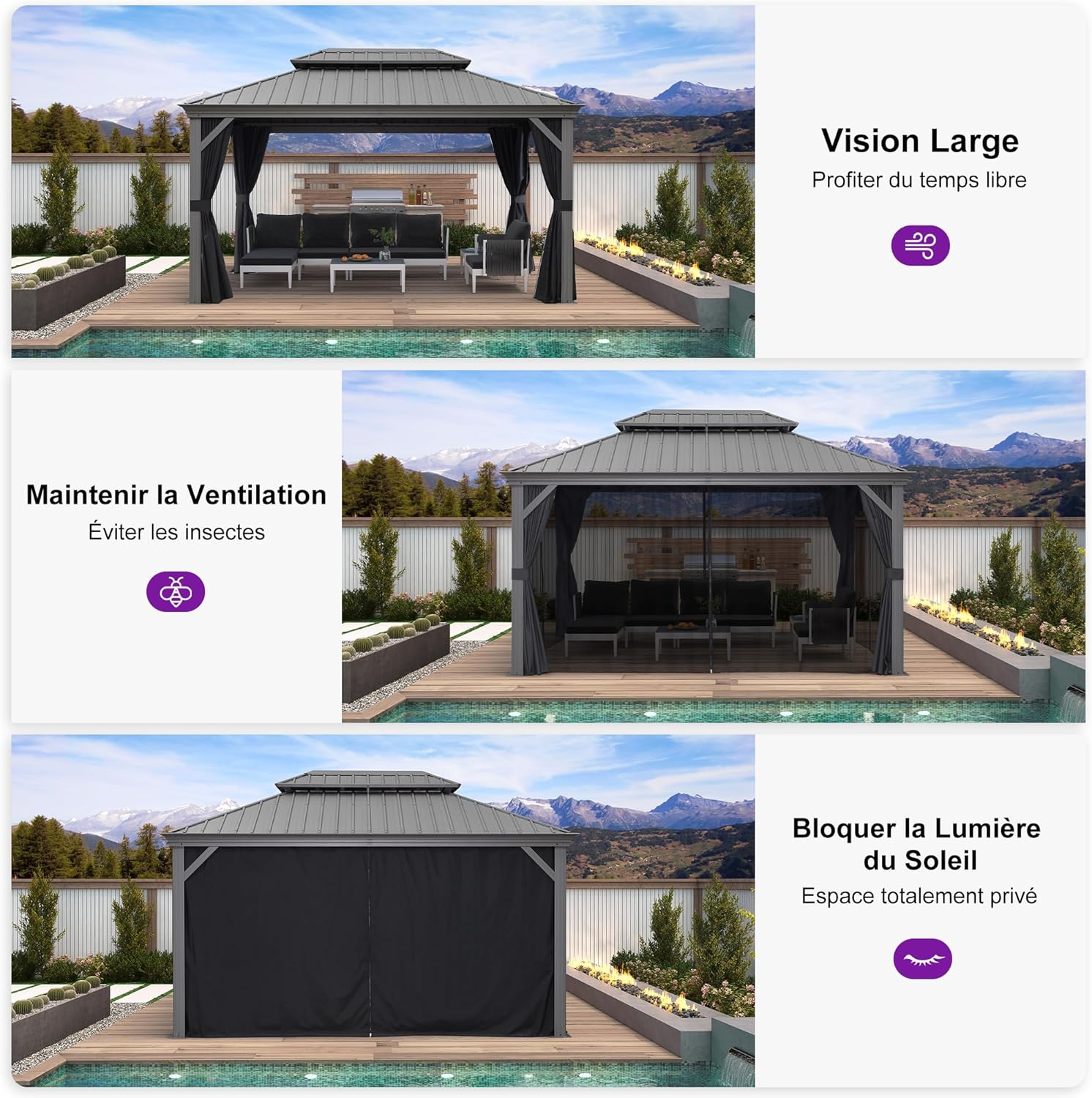 etevert - tonnelle extérieur - 3 x 4,25 m - alu double toit, rideaux, LED
