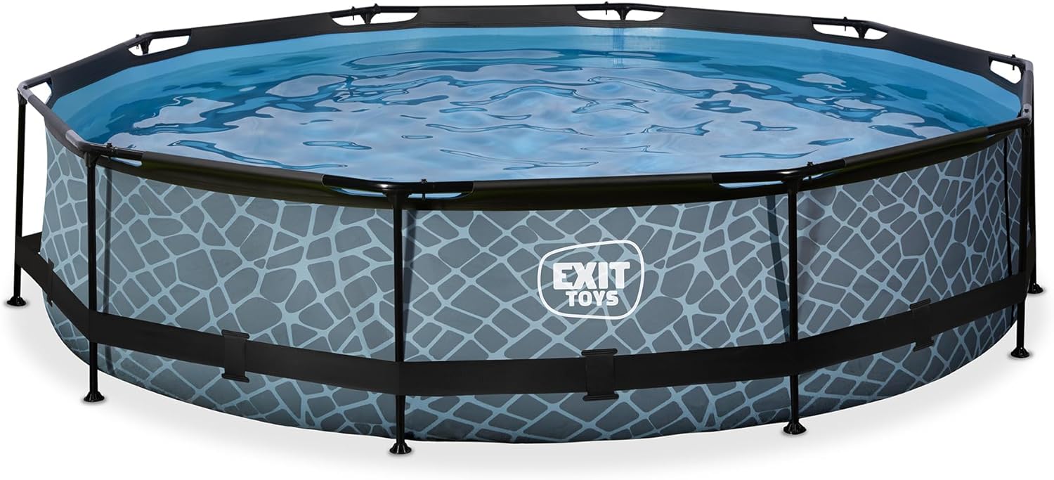 etevert Piscine Tubulaire Stone - ø360x76cm - Piscine Hors Sol Ronde Grande avec Pompe Filtrante à Cartouche - Entrée Basse - Idéal pour Les Jeunes Enfants - Cadre Stable - Design Unique - Gris
