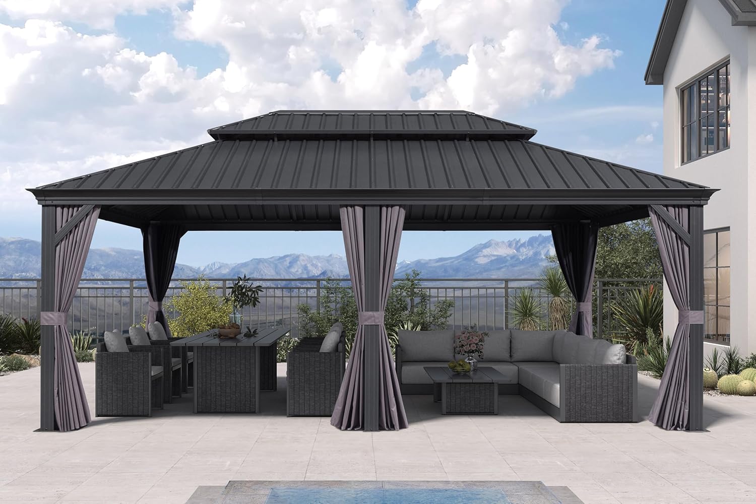 etevert - Pergola Série Extérieur - 6x4m - Toit acier, moustiquaire, rideaux, gouttière