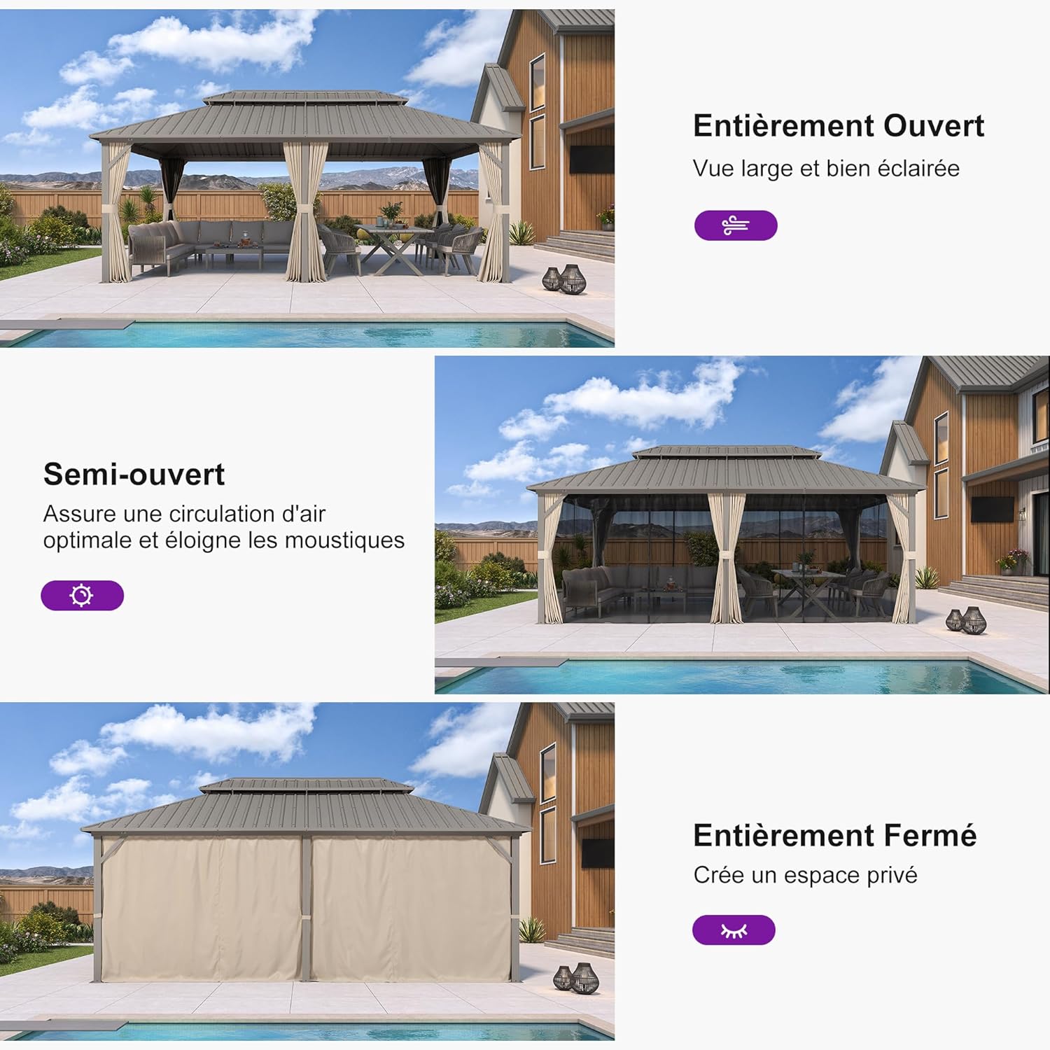 etevert Tonnelle de Jardin Extérieur 6 x 3,65 m avec Guirlande Lumineuse, Pergola Aluminium à Toit Rigide en Acier Galvanisé, Pavillon Imperméable pour Camping, Fête, Barbecue, Champagne