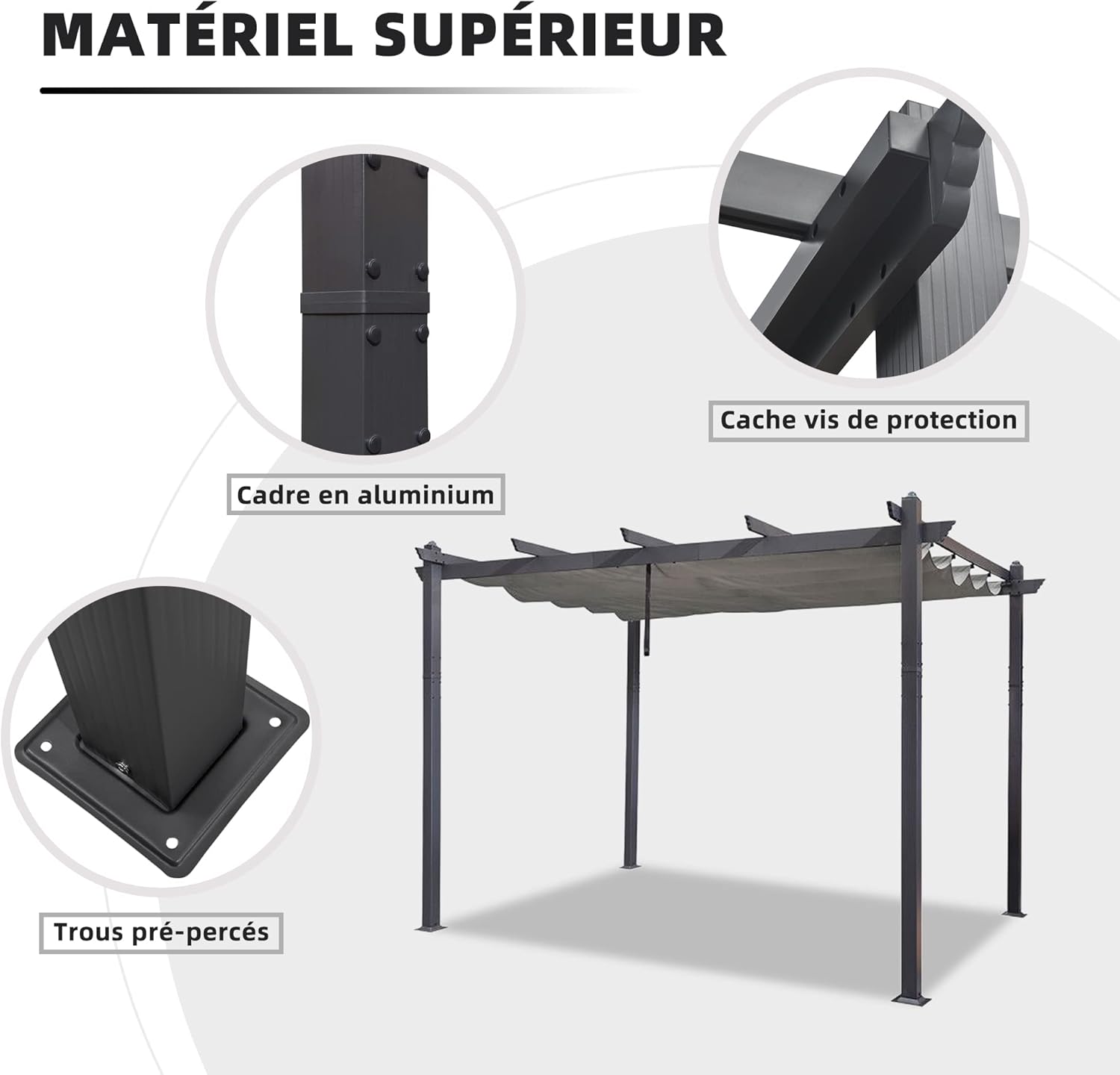 etevert - pergola aluminium - 3,65x3m - toit rétractable LED, tissu gris