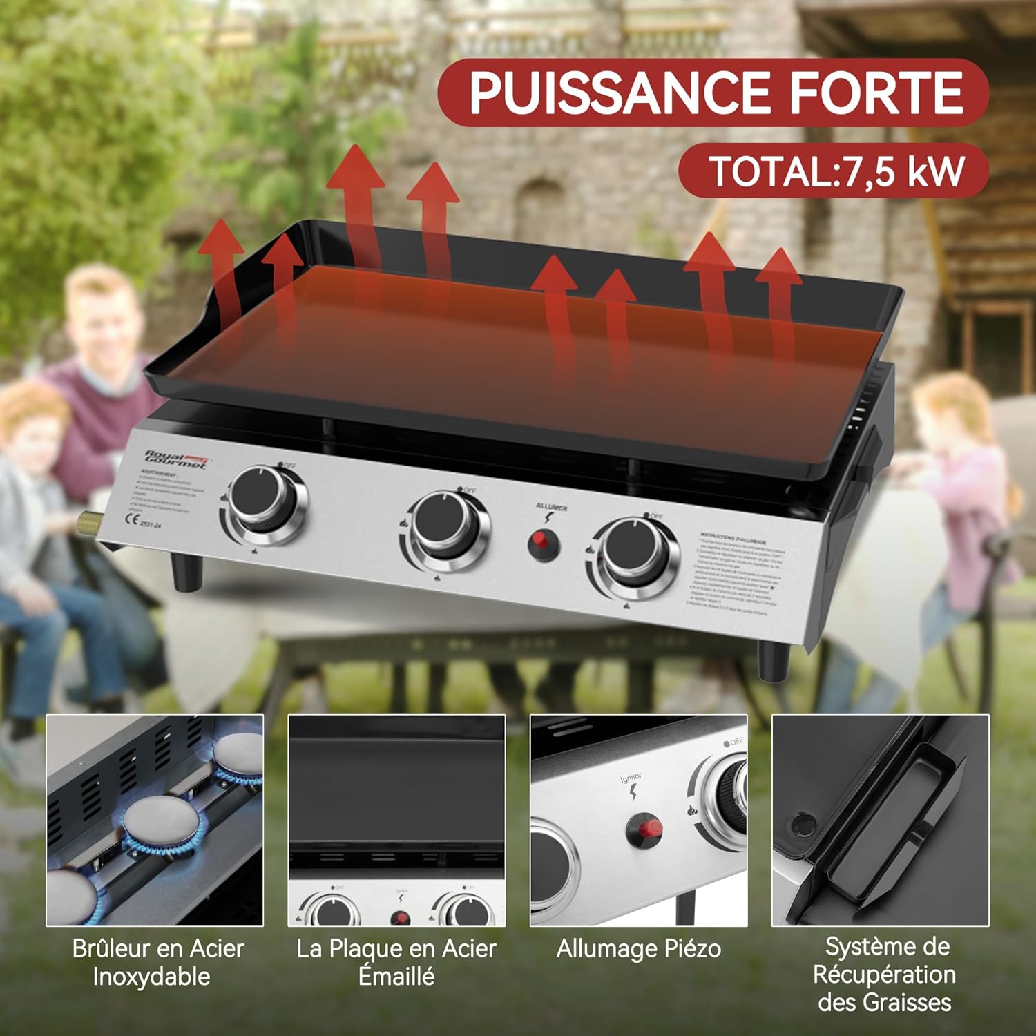etevert - Plancha sur chariot 62x35,5cm - 3 brûleurs puissants 7,5kW