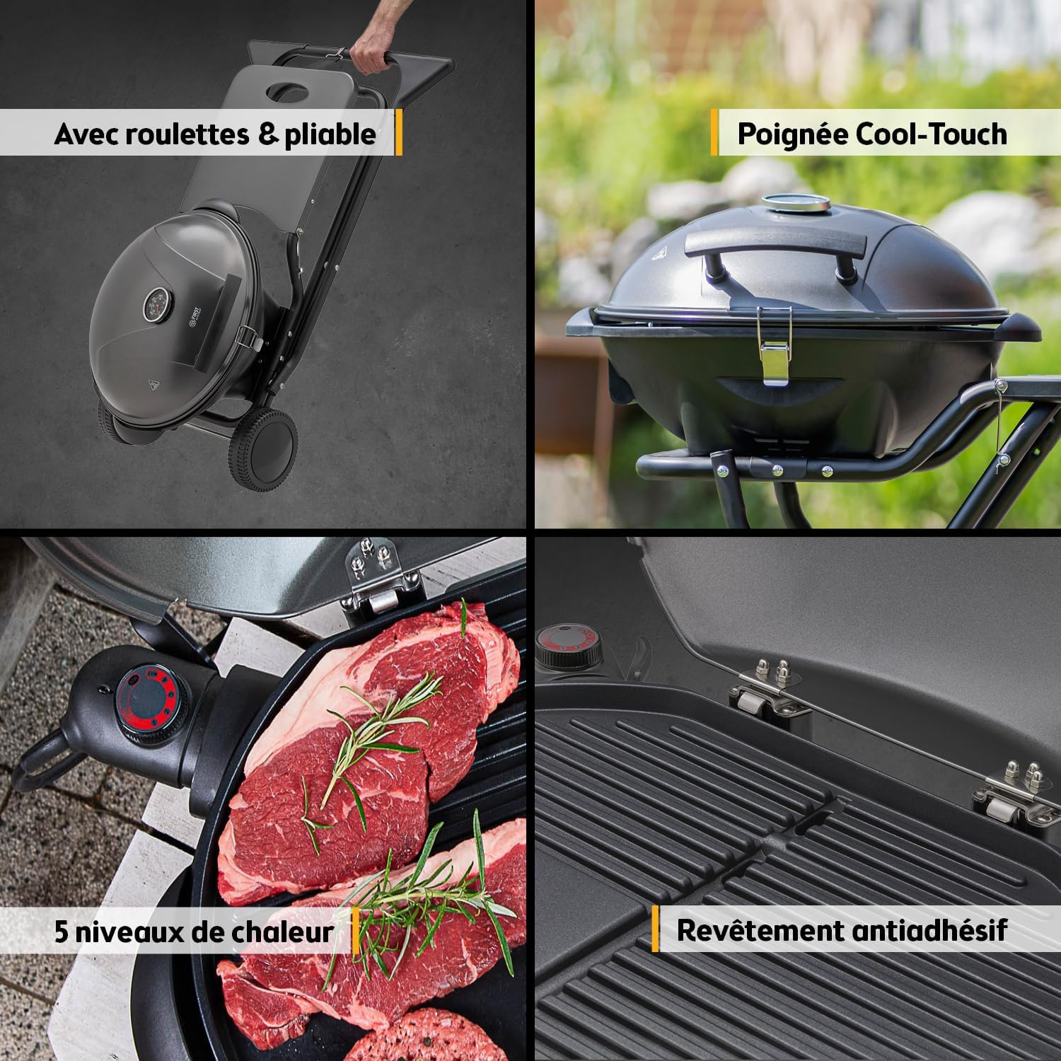 etevert - Barbecue 2-en-1 pliable 2400W, couvercle, chariot, thermomètre - TZSFA5350-6