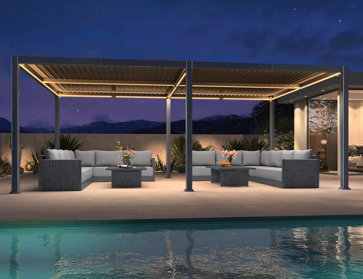 etevert - Pergola bioclimatique - 4x6m - alu lames LED gris