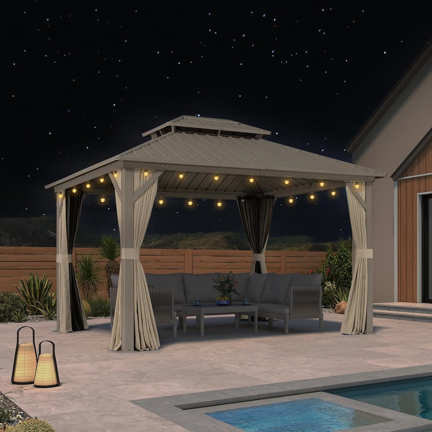 etevert Tonnelle de Jardin Extérieur 3,65 x 3 m avec Éclairage Extérieur, Pergola Aluminium à Toit Rigide en Acier Galvanisé, Pavillon Imperméable pour Camping, Fête, Barbecue, Champagne