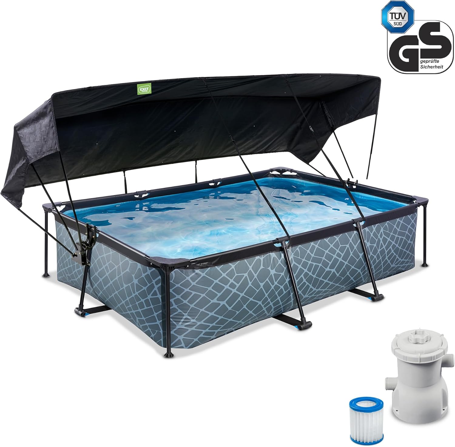 etevert Piscine Stone avec Voile d'Ombrage - 300x200x65cm - Piscine Hors Sol Rectangulaire avec Pompe Filtrante à Cartouche - Protection Optimale Contre Les Rayons UV - Entrée Basse - Gris