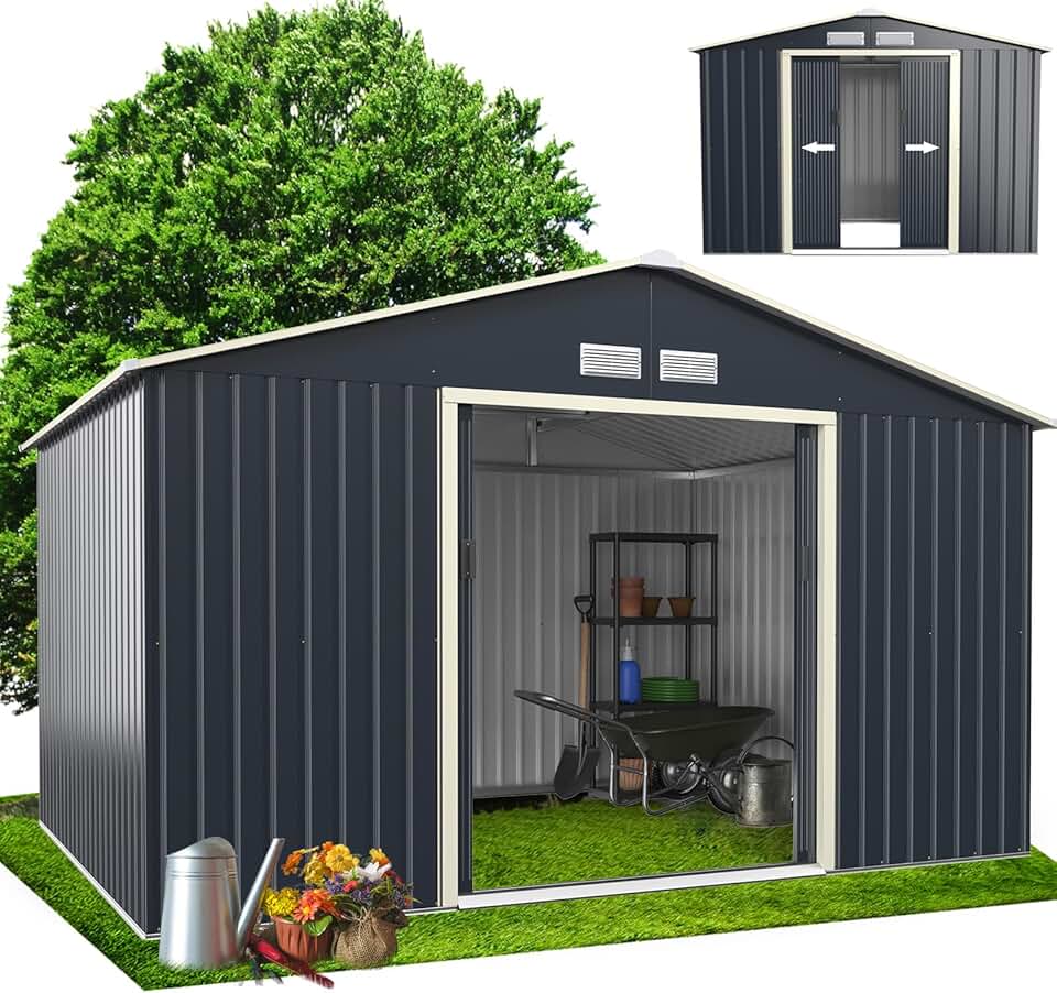 etevert - Abri de jardin métal - 340x255x210cm - porte coulissante, toit pente, extérieur, résistant - KX7177KV+FR