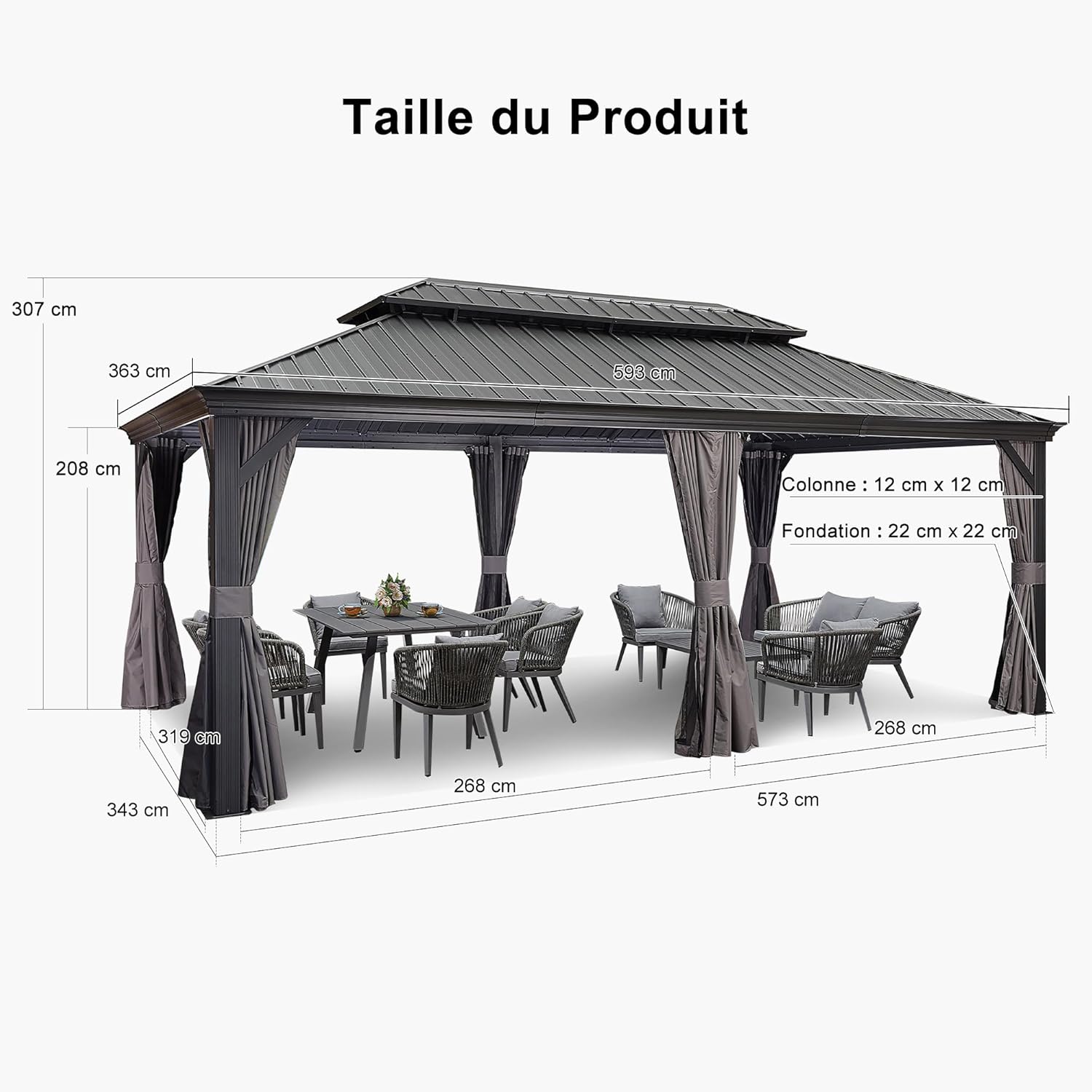 etevert - Pergola double toit acier - 6x3,65m - moustiquaire, rideaux, gouttière, poteaux renforcés