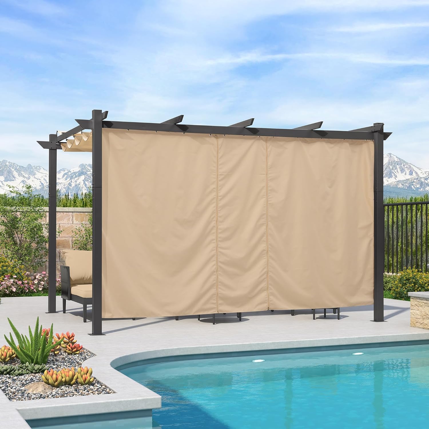 etevert - pergola aluminium - 4x3m - rideau, toit rétractable, kaki