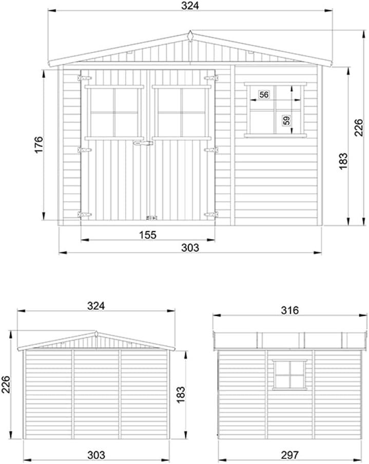 Abri de Jardin en Bois Naturel - Stockage extérieur avec fenêtres- H226x316x324 cm/9 m² Hangar en Bois Naturel - Atelier Rangement Outils et vélos- etevert M335