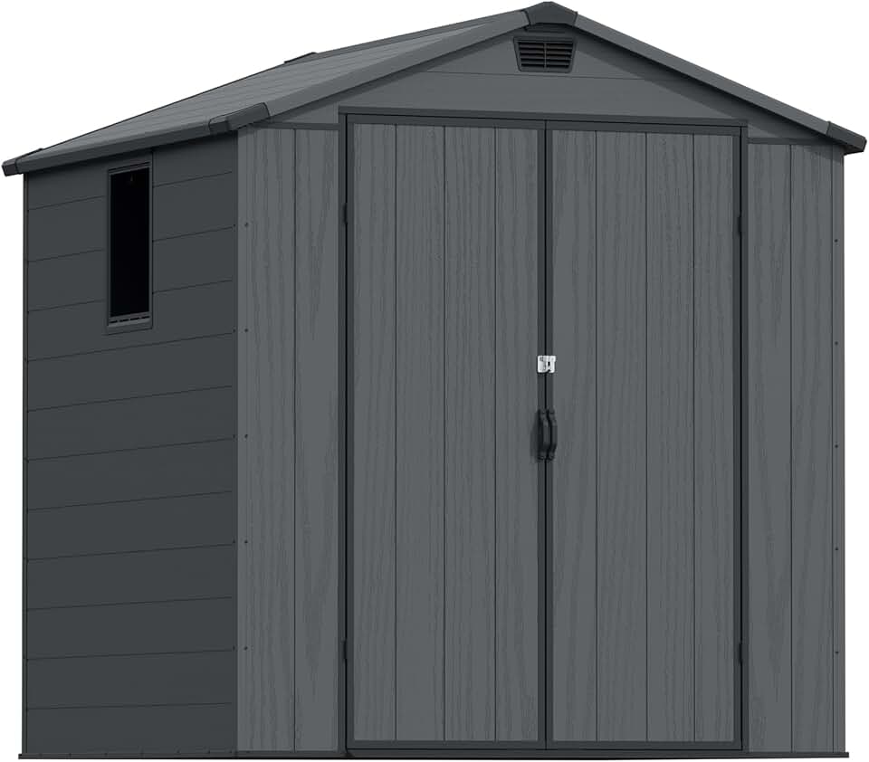 etevert Abri de jardin extérieur en plastique avec double portes verrouillables et toit en apex – Abri de jardin pour outils de terrasse, abri pour vélo, poubelle – Résistant aux intempéries et à la
