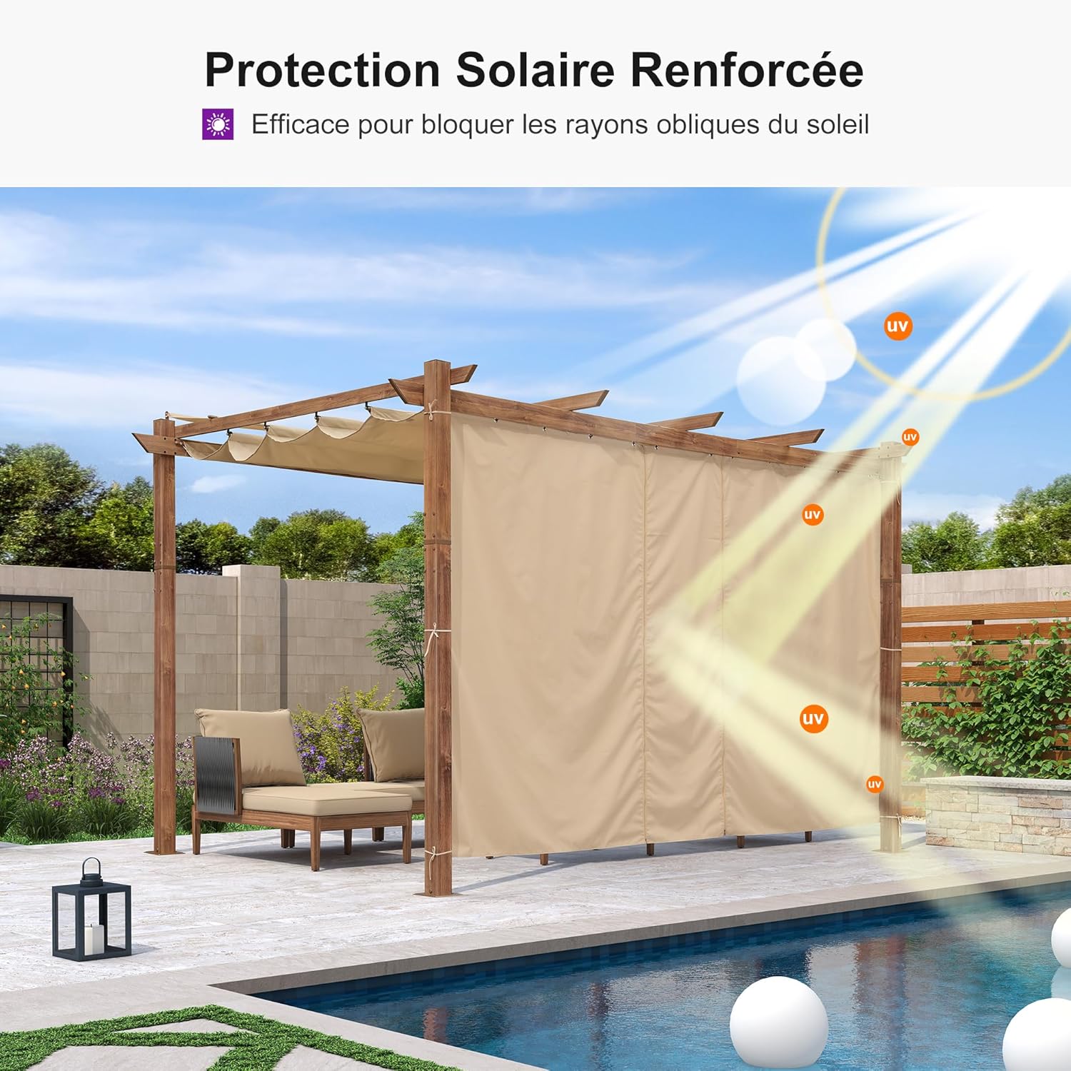 etevert - Pergola alu finition teck 4x3m - toile rétractable, rideau, kaki