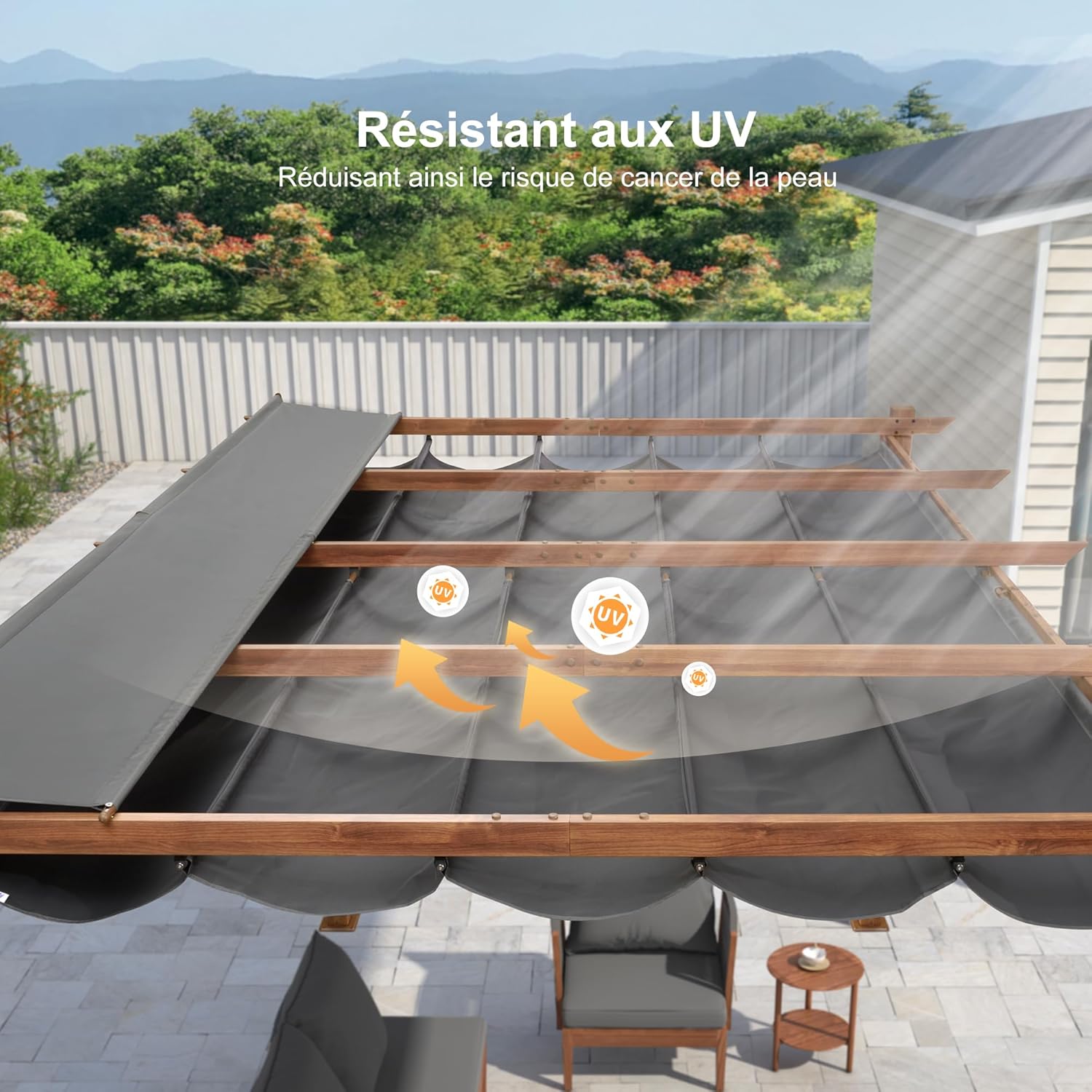 etevert - Pergola aluminium - 4x3m - toile rétractable, teck, imperméable
