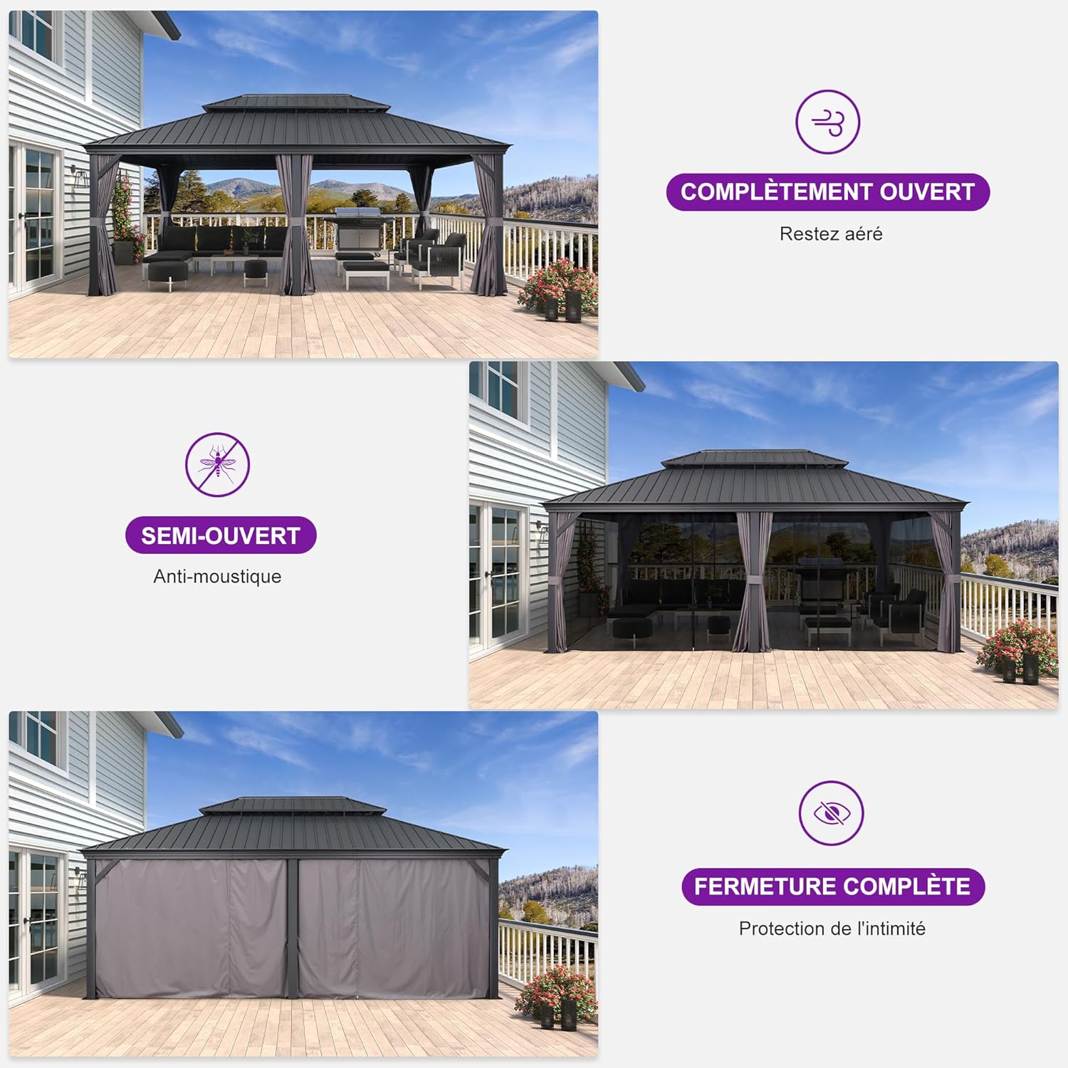 etevert - Pergola Série 6x4,25m - alu, leds, rideaux, gouttière