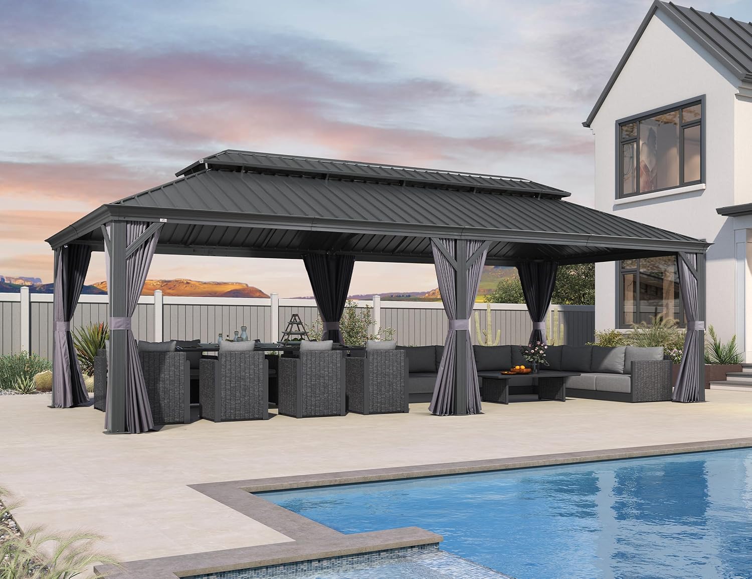 etevert - tonnelle extérieure - 8,5x4,25m - toit acier, rideaux, moustiquaire
