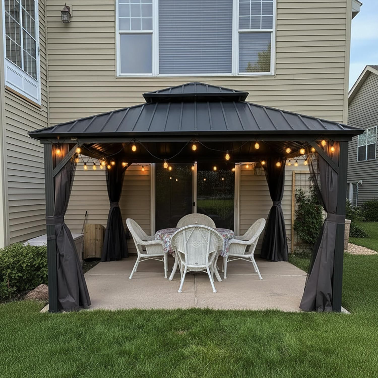etevert Tonnelle de Jardin Extérieur 3,65 x 3,65 m avec Guirlande Lumineuse, Pavillon Aluminium à Double Toit en Acier Galvanisé, Pergola Jardin Extérieur avec Rideaux pour Fête, Barbecue, Gris