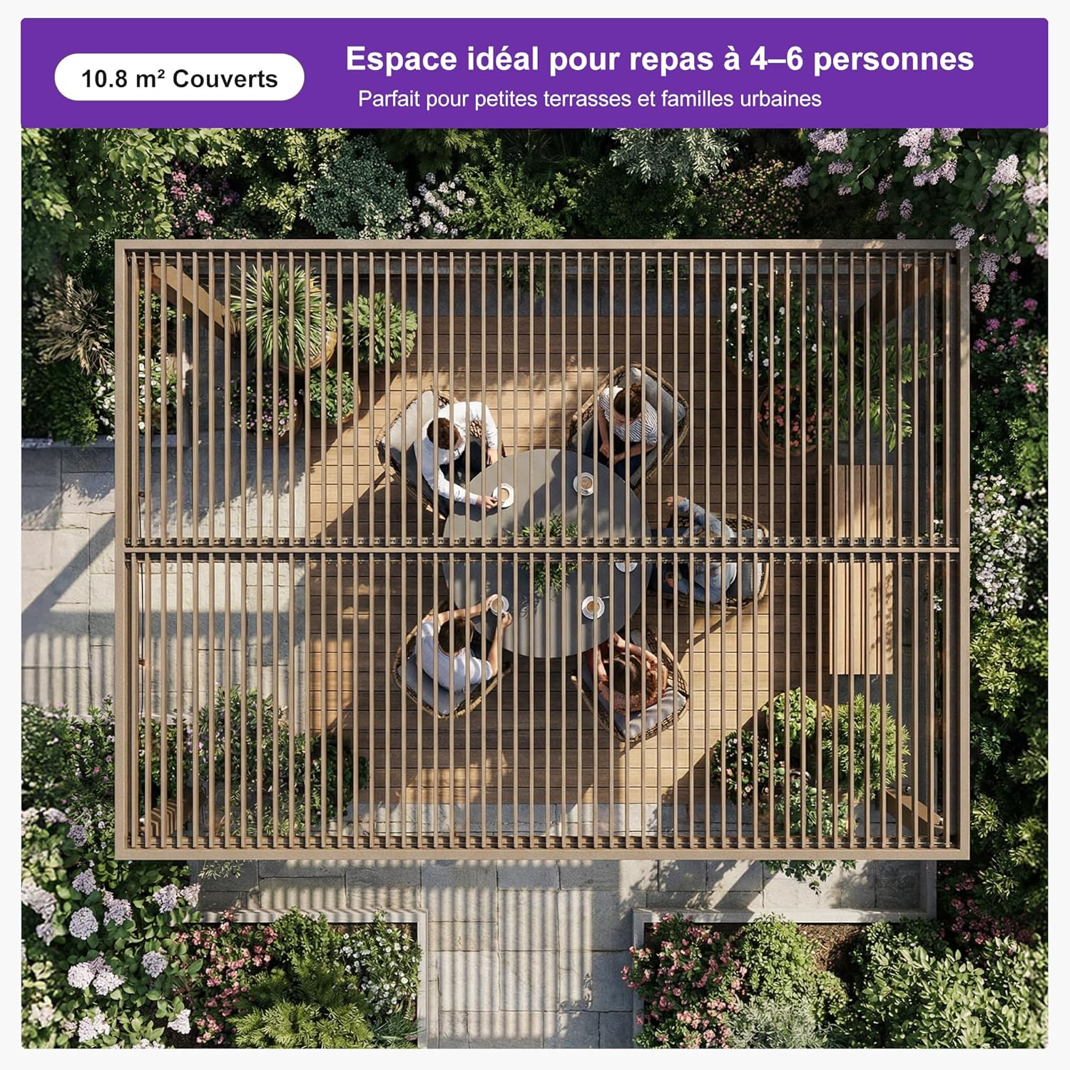 etevert - pergola bioclimatique LED - 3x3,65m - alu, lames orientables, étanche