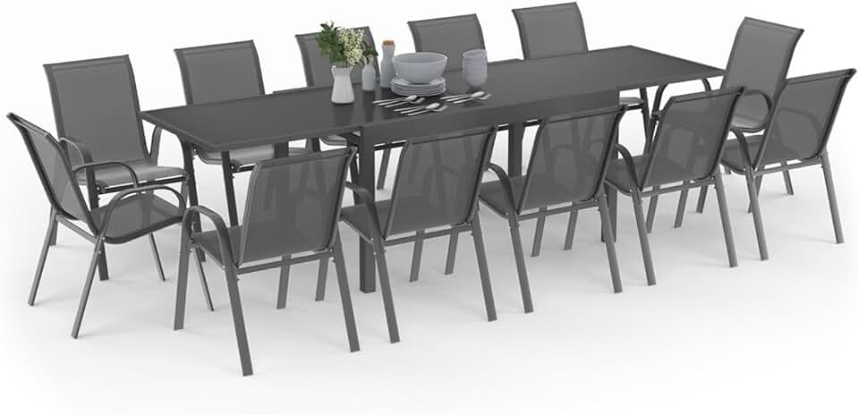 etevert - Madrid série - table 135-270 cm et 12 chaises empilables - gris anthracite