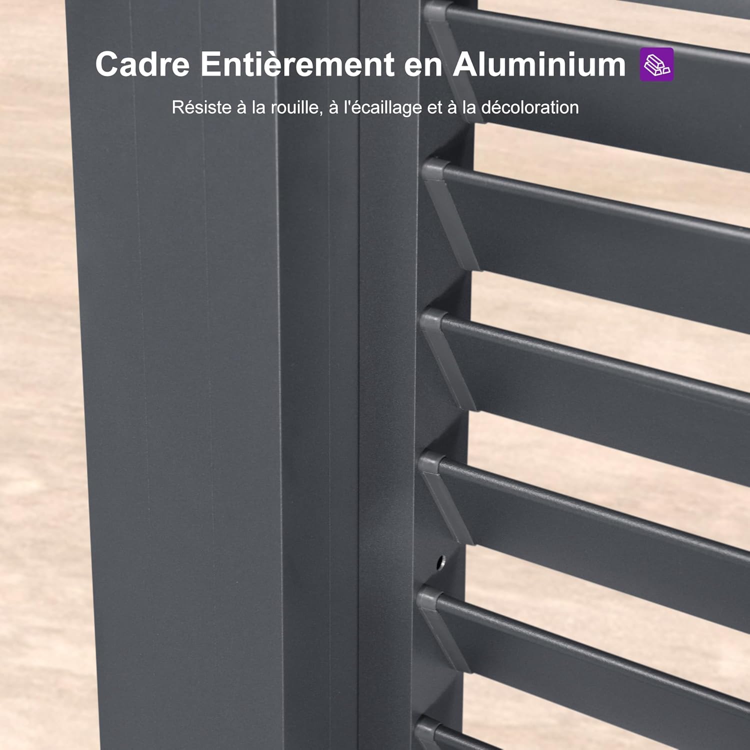 etevert - Pergola aluminium bioclimatique 4,8x3m, lames orientables, persiennes fixes, gris