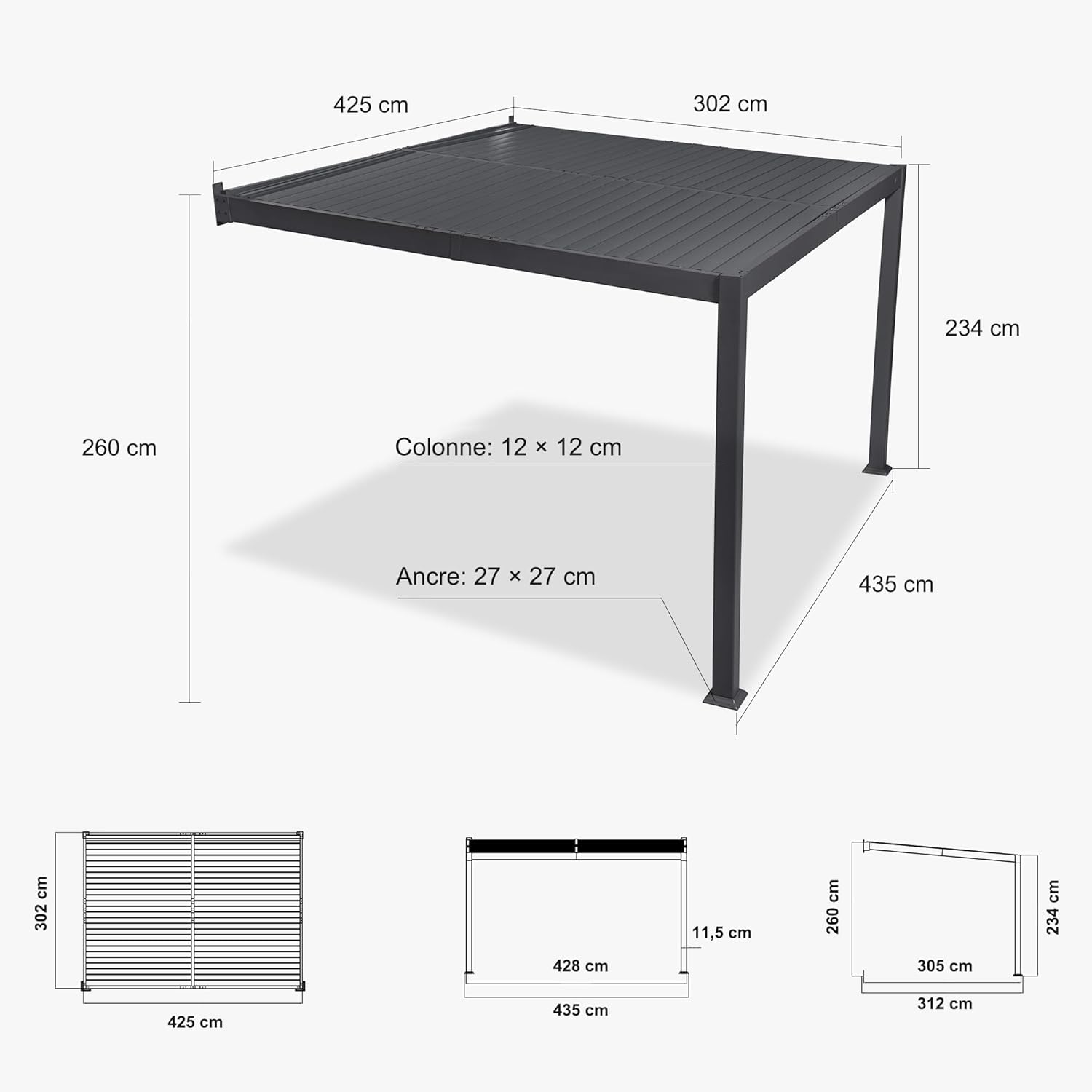 etevert - Pergola bioclimatique adossée - 3x4,25m - aluminium, lames orientables, résistante UV et pluie
