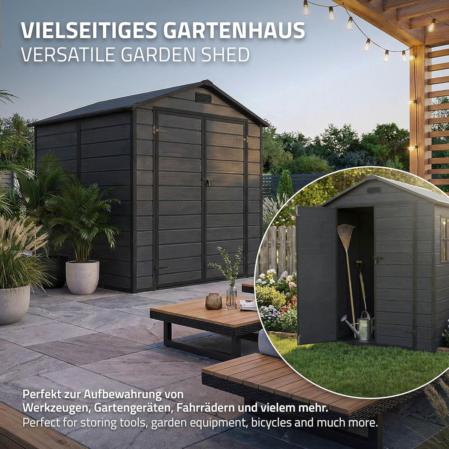 etevert - Abri de jardin résine 151x182x220 cm double porte, 5m³, fenêtre, ventilation