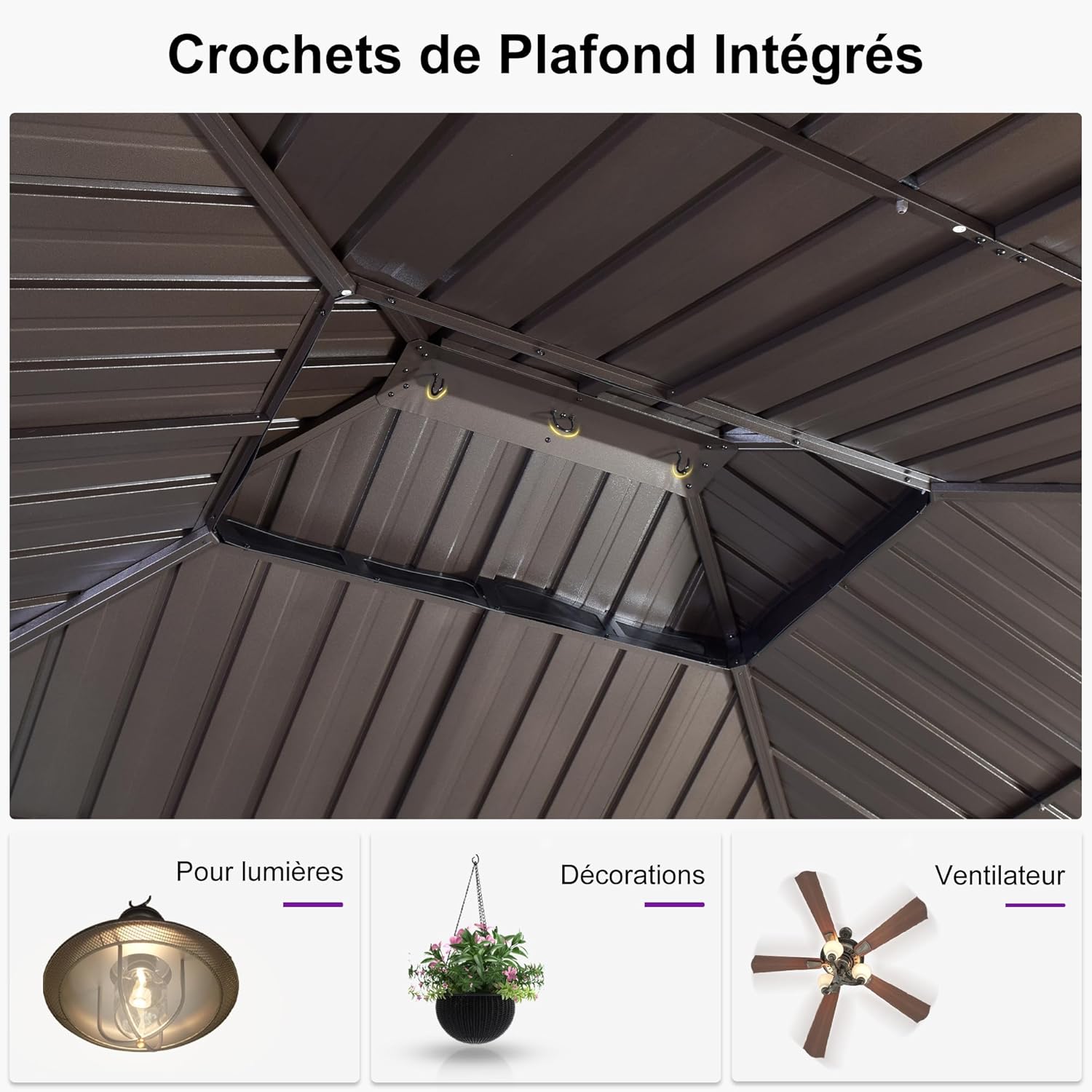 etevert - pergola double toit rigide 6x3,65m, aluminium, guirlande, rideaux