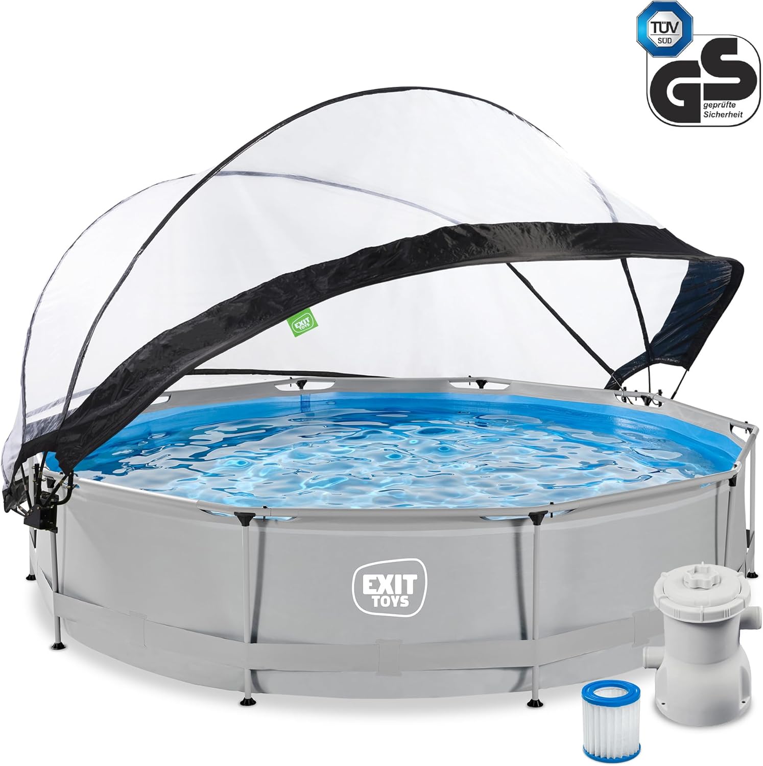 etevert Piscine Tubulaire Soft Grey avec Dôme Multifonctionnel - ø360x76cm - Piscine Hors Sol Ronde avec Pompe Filtrante à Cartouche - Entrée Basse - Pour l'Eau de la Piscine Propre et Chaude - Gris