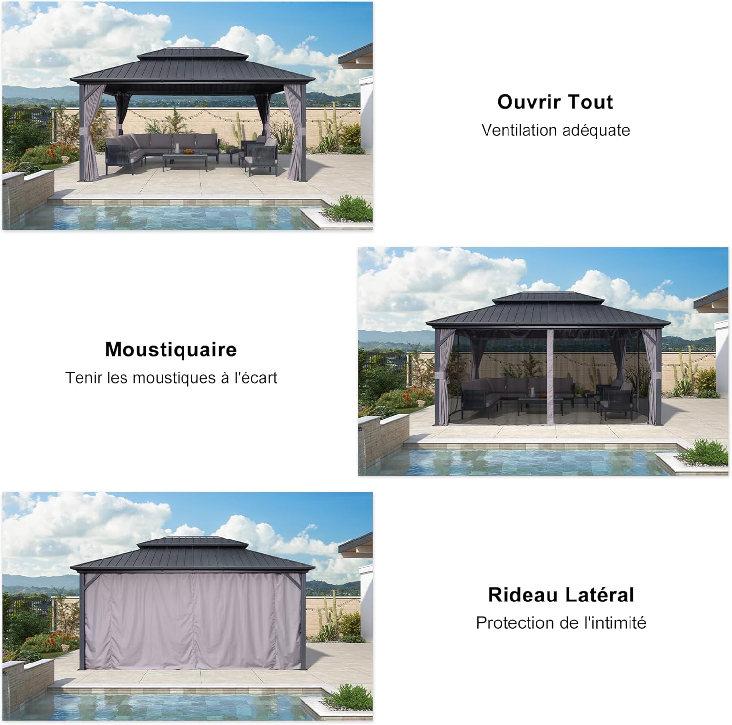 etevert - pergola série double toit - 4,85x3,65 m - alu acier, rideaux, moustiquaire