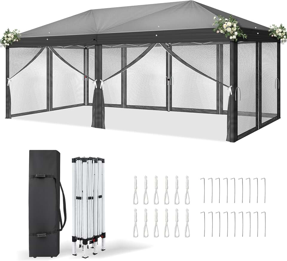etevert Tonnelle Pliable 3x6 m Imperméable Anti-UV 50+, Hauteur Ajustable avec 6 Moustiquaires, Structure Stable, pour Jardin, Terrasse, Camping Et Usage Professionnel,Anthracite
